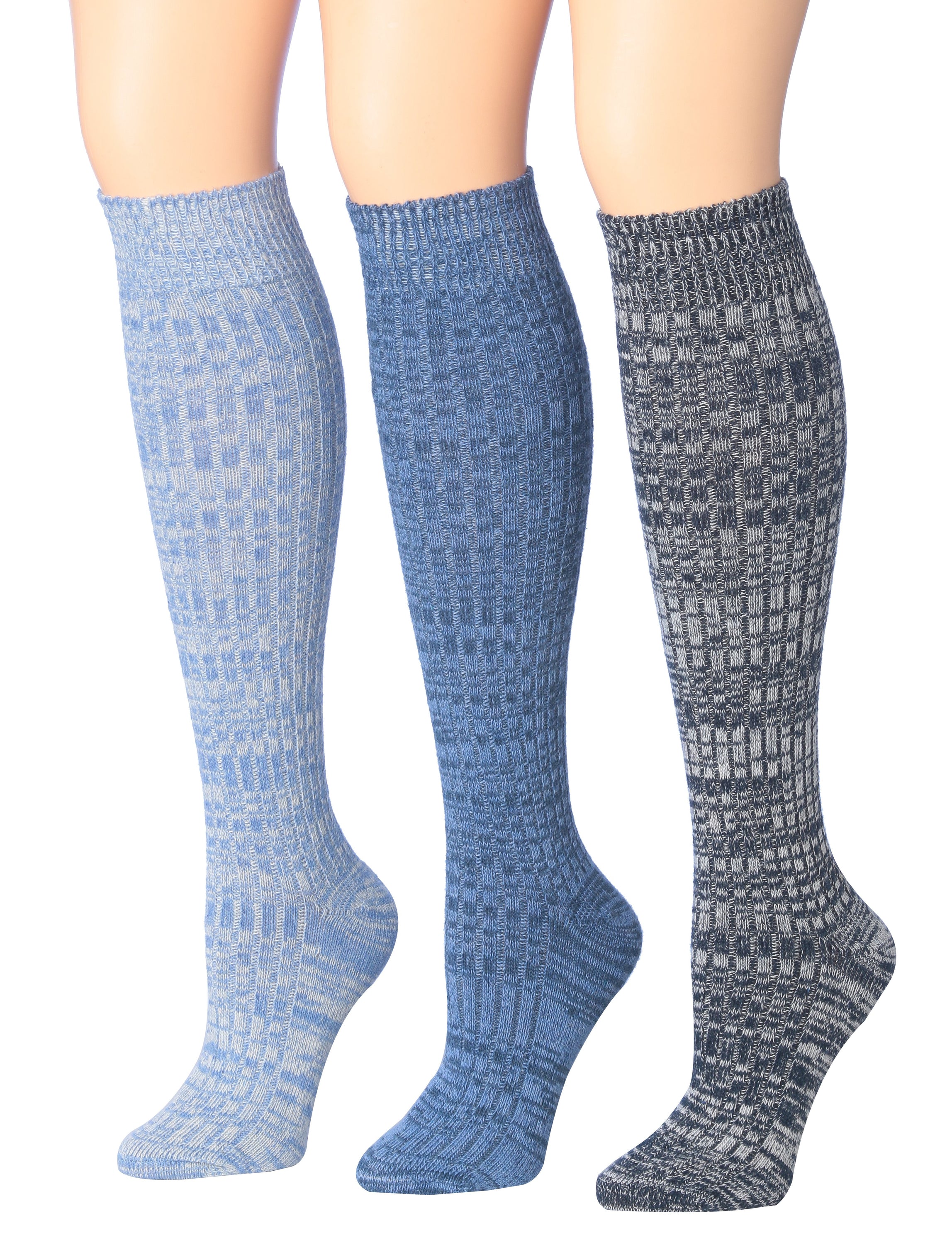 Tipi Toe Women's Ragg Marled Ribbed Boot Socks in various colors, showcasing their over-the-calf design and ribbed texture.