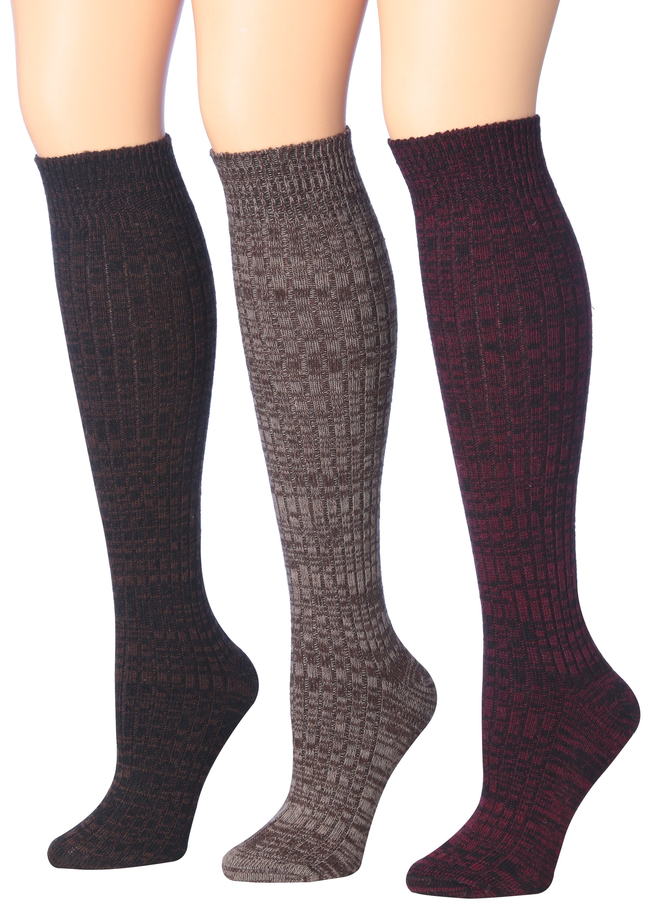 Tipi Toe Women's Ragg Marled Ribbed Boot Socks in various colors, showcasing their over-the-calf design and ribbed texture.