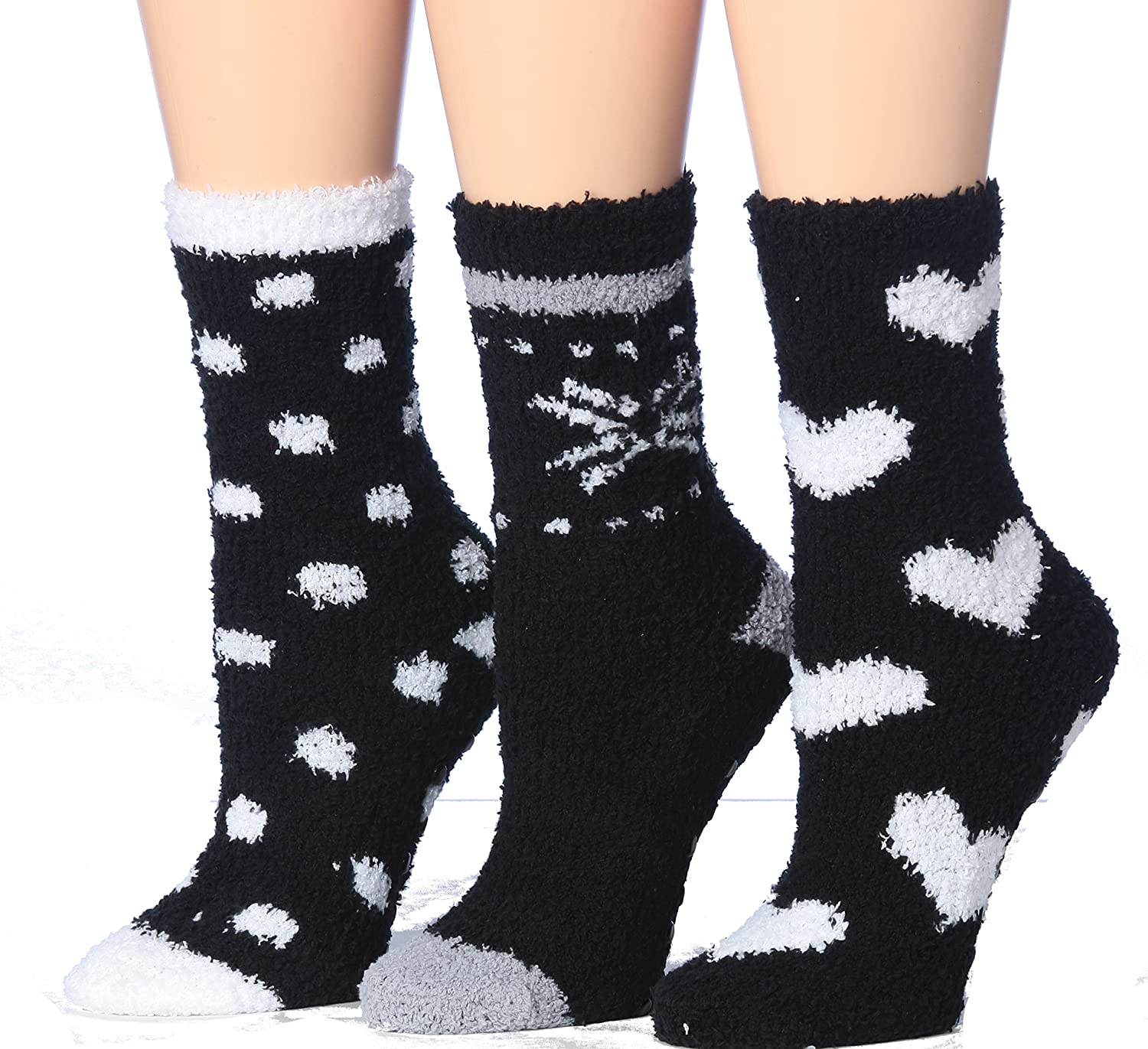 Tipi Toe Women's 3-Pairs Winter Snowflakes Anti-Skid Soft Fuzzy Crew Socks featuring cozy microfiber material and stylish snowflake patterns.