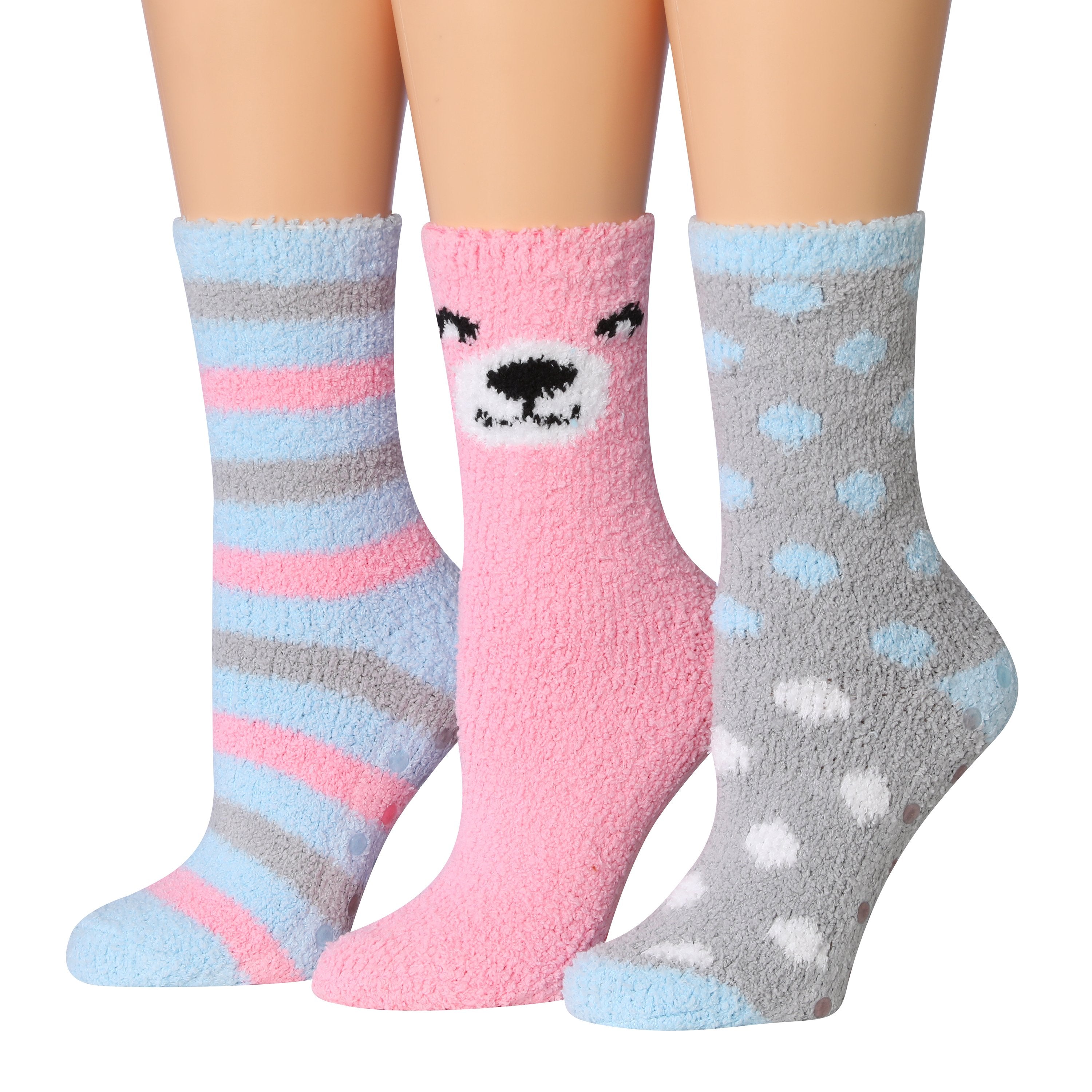 Tipi Toe Women's 3-Pairs Winter Snowflakes Anti-Skid Soft Fuzzy Crew Socks featuring cozy microfiber and festive snowflake patterns.