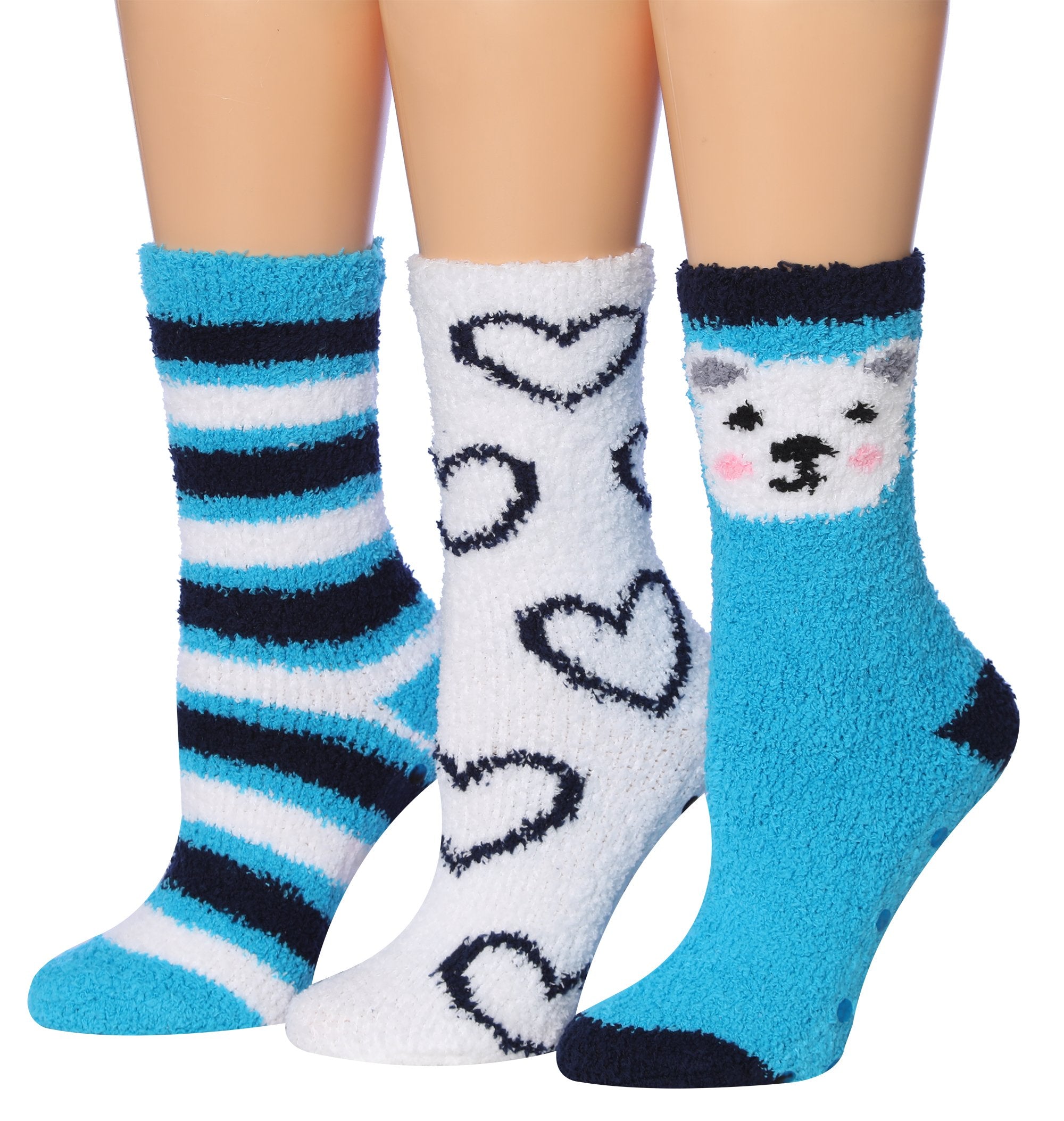 Tipi Toe Women's 3-Pairs Winter Snowflakes Anti-Skid Soft Fuzzy Crew Socks featuring cozy microfiber and festive snowflake patterns.