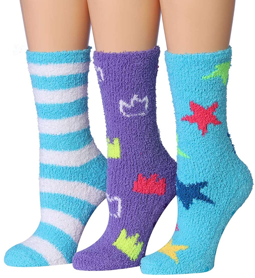 Tipi Toe Women's 3-Pairs Winter Snowflakes Anti-Skid Soft Fuzzy Crew Socks featuring cozy microfiber and festive snowflake patterns.