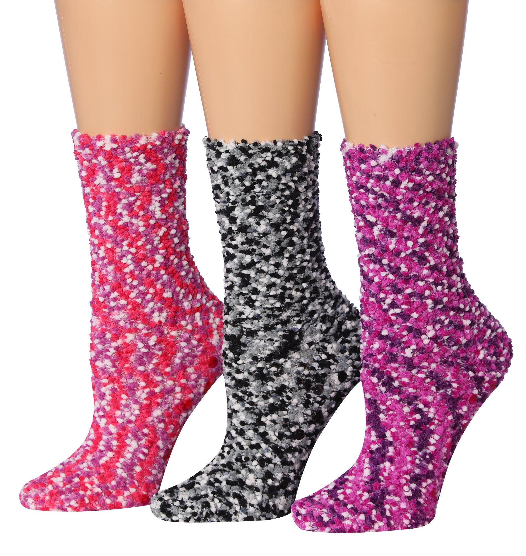 Tipi Toe Women's 3-Pairs Winter Snowflakes Anti-Skid Soft Fuzzy Crew Socks featuring a cozy design with snowflakes pattern.