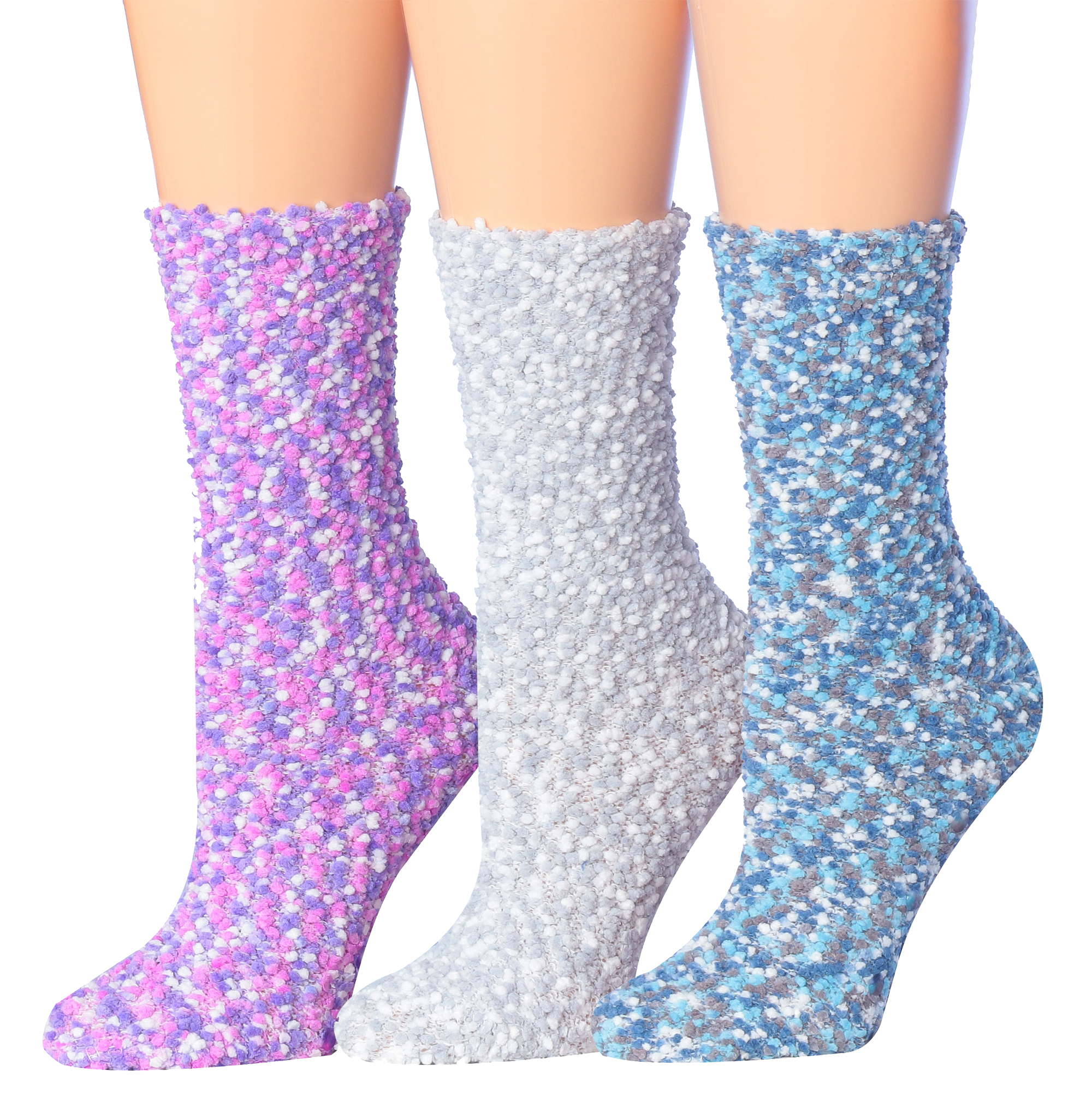 Tipi Toe Women's 3-Pairs Winter Snowflakes Anti-Skid Soft Fuzzy Crew Socks featuring a cozy design with snowflakes pattern.