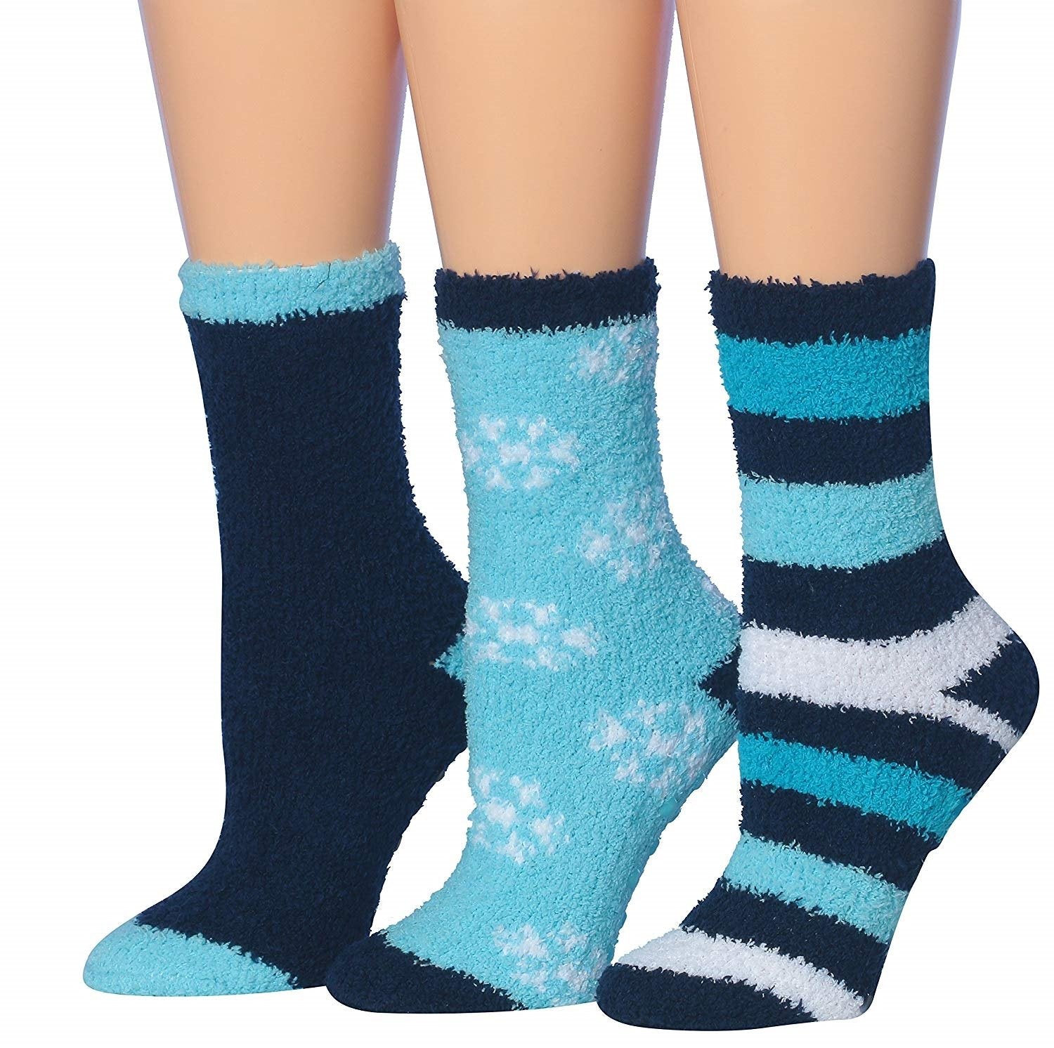 Tipi Toe Women's 3-Pairs Winter Snowflakes Anti-Skid Soft Fuzzy Crew Socks featuring a cozy design with snowflakes pattern.
