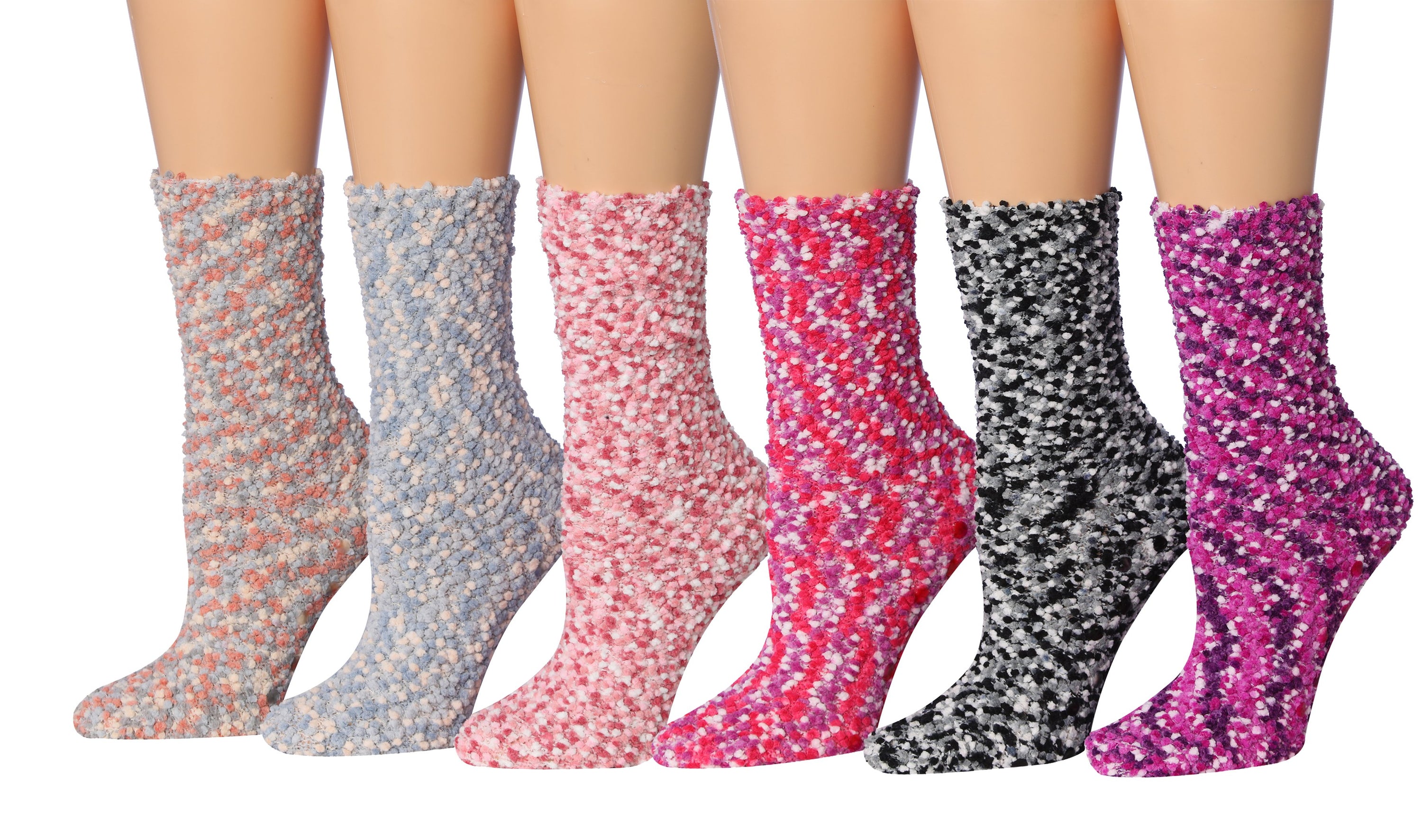 A colorful assortment of Tipi Toe Women's cozy microfiber anti-skid fuzzy crew socks, showcasing various vibrant colors and soft textures.