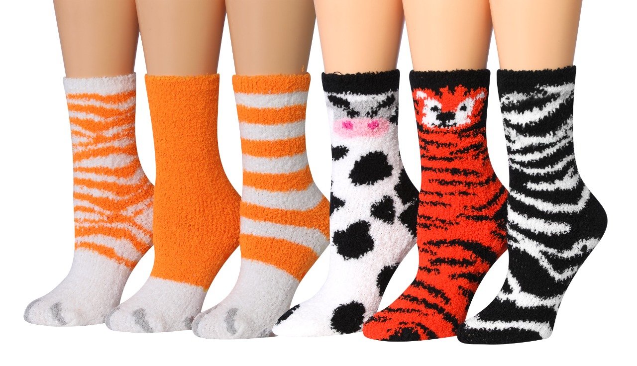 Tipi Toe Women's 6-Pairs Cozy Microfiber Anti-Skid Soft Fuzzy Crew socks in various vibrant colors and patterns, showcasing their soft texture.