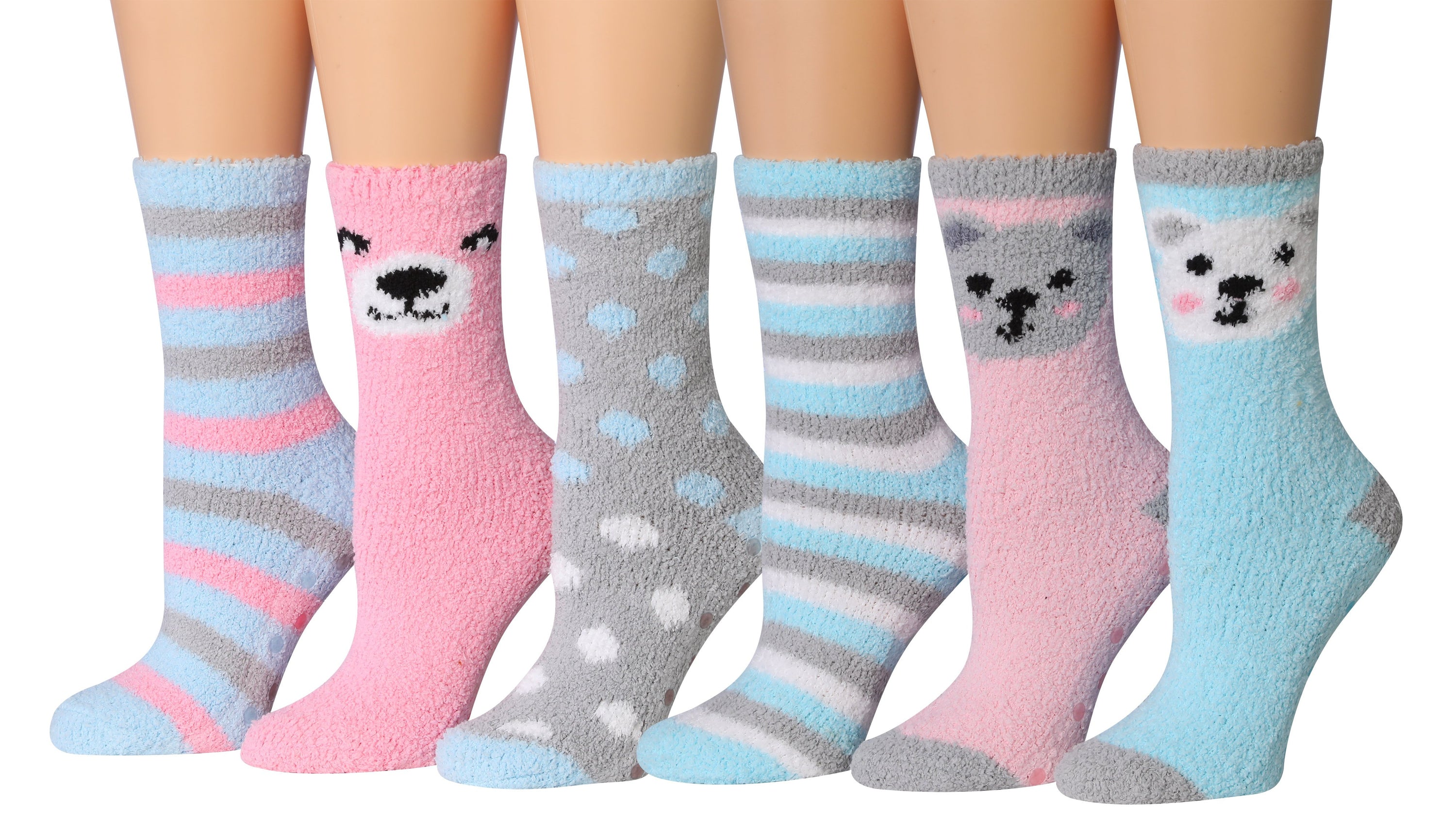 Tipi Toe Women's 6-Pairs Cozy Microfiber Anti-Skid Soft Fuzzy Crew socks in various vibrant colors and patterns, showcasing their soft texture.