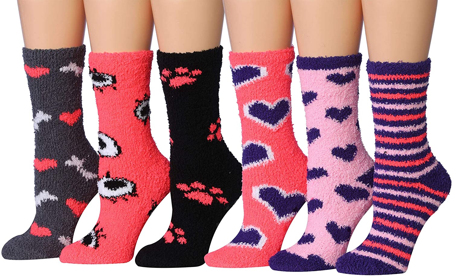 Tipi Toe Women's 6-Pairs Cozy Microfiber Anti-Skid Soft Fuzzy Crew socks in various vibrant colors and patterns, showcasing their soft texture.