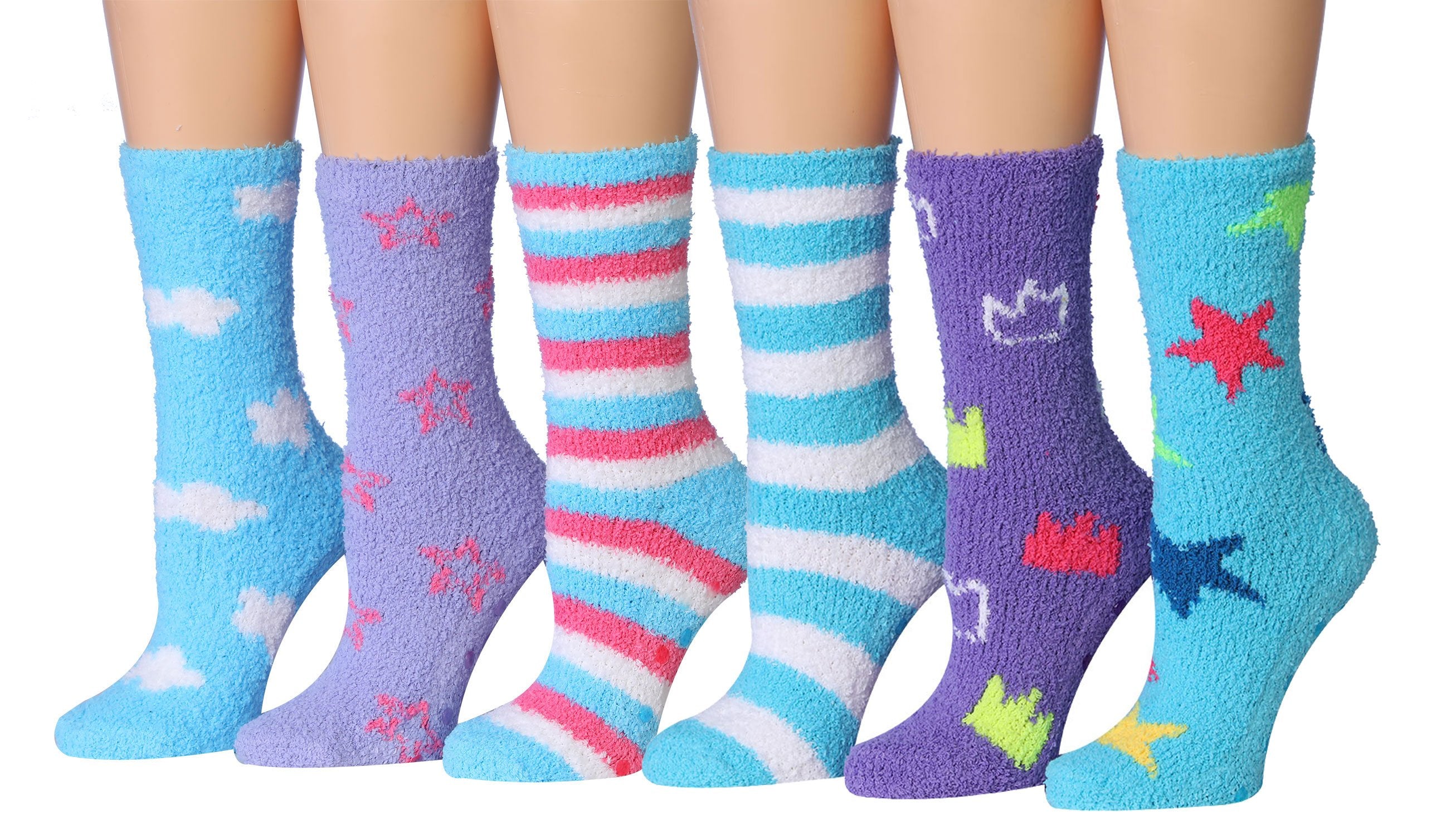 Tipi Toe Women's 6-Pairs Cozy Microfiber Anti-Skid Soft Fuzzy Crew socks in various vibrant colors and patterns, showcasing their soft texture.