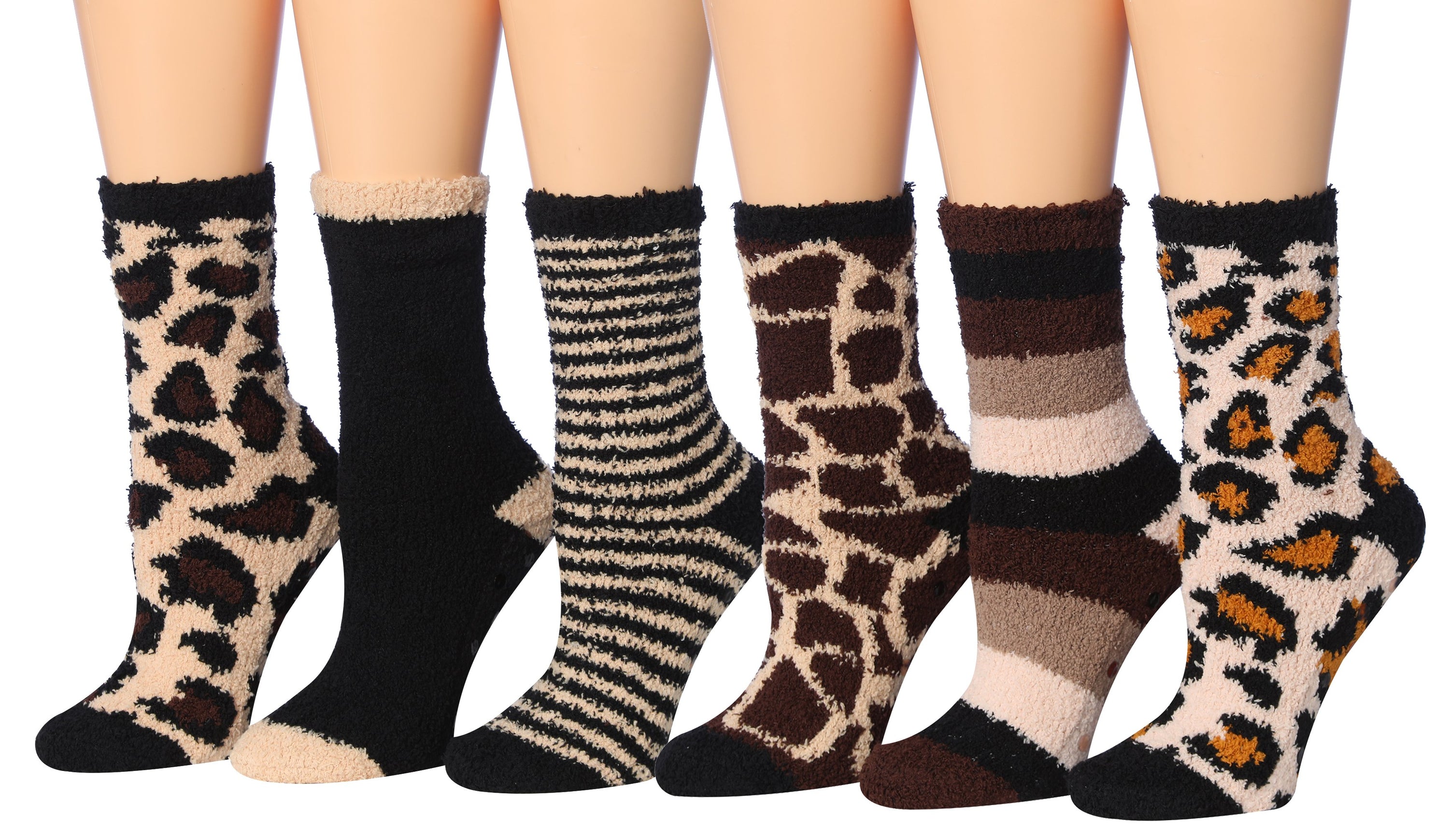Tipi Toe Women's 6-Pairs Cozy Microfiber Anti-Skid Soft Fuzzy Crew socks in various vibrant colors and patterns, showcasing their soft texture.