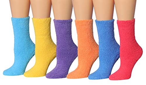 A colorful assortment of Tipi Toe Women's cozy microfiber anti-skid fuzzy crew socks, showcasing various vibrant patterns and textures.