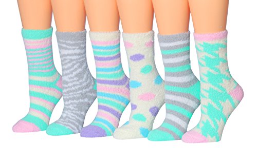 Tipi Toe Women's 6-Pairs Cozy Microfiber Anti-Skid Soft Fuzzy Crew socks in various colorful designs, showcasing their soft texture and anti-skid features.