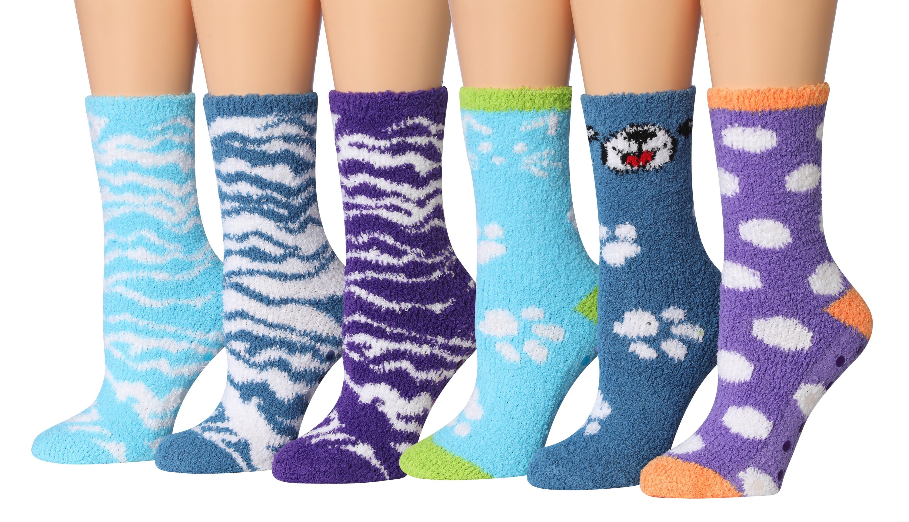 A colorful assortment of Tipi Toe Women's 6-Pairs Cozy Microfiber Anti-Skid Soft Fuzzy Crew socks, showcasing their soft texture and vibrant hues.