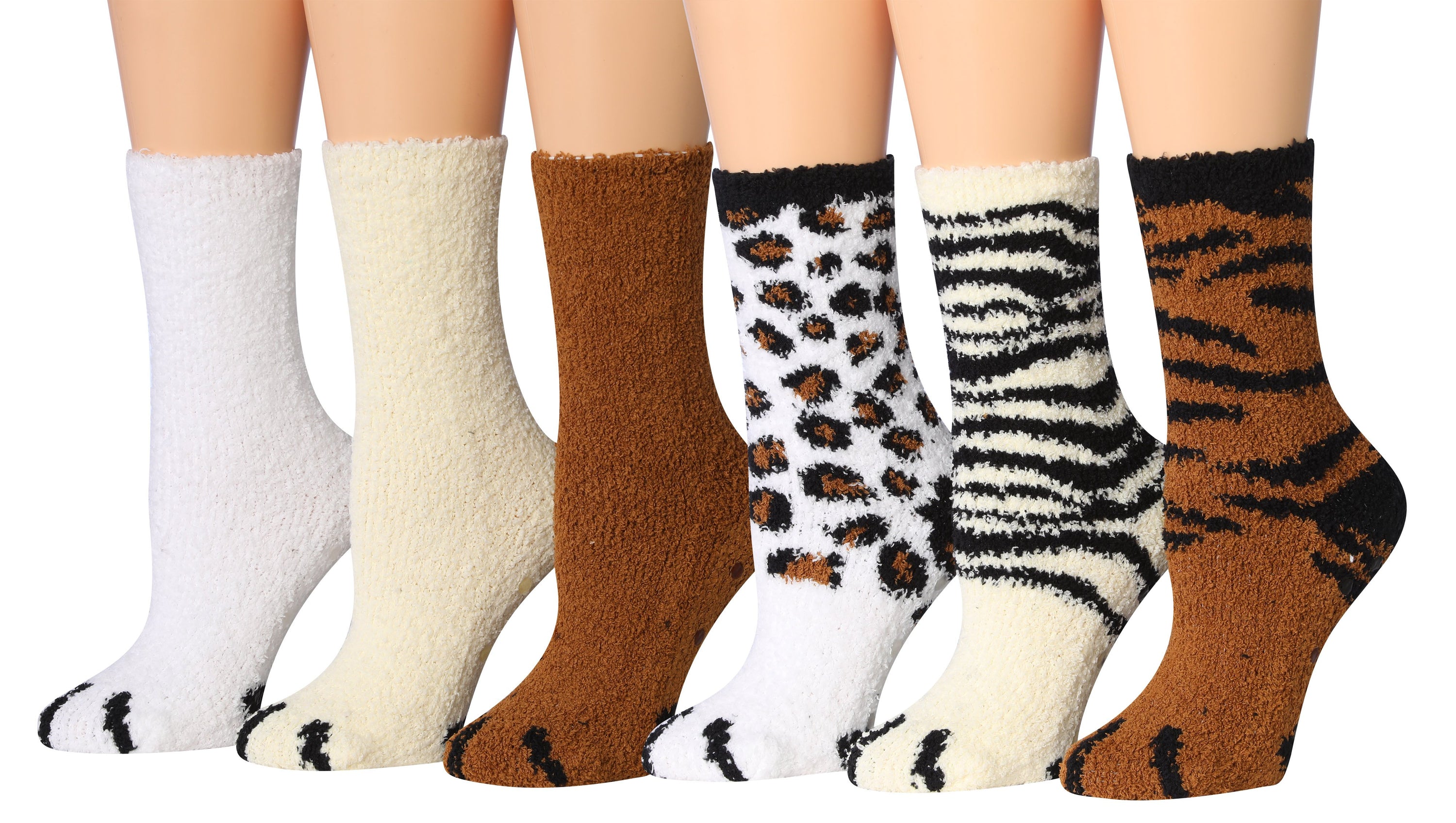 Tipi Toe Women's 6-Pairs Cozy Microfiber Anti-Skid Soft Fuzzy Crew socks in various vibrant colors, showcasing their soft and fuzzy texture.