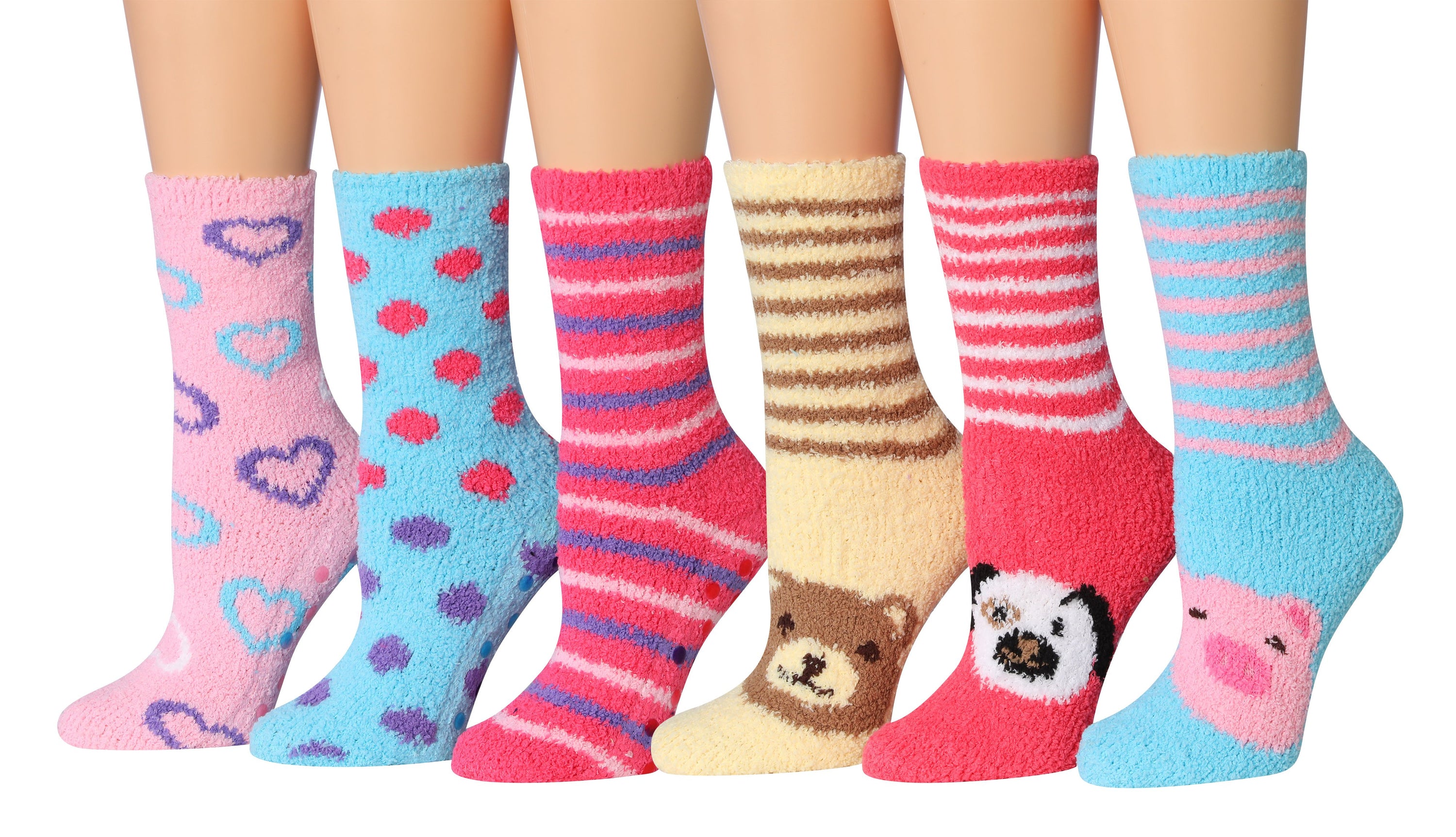 Tipi Toe Women's 6-Pairs Cozy Microfiber Anti-Skid Soft Fuzzy Crew socks in various vibrant colors, showcasing their soft and fuzzy texture.
