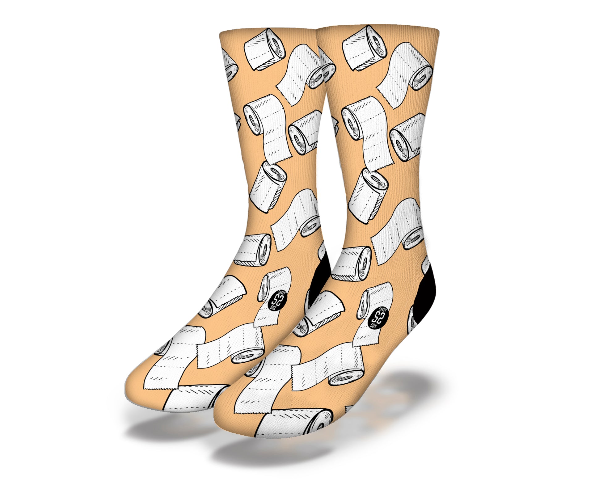 Funny peach socks featuring a toilet paper design, perfect for quarantine humor.