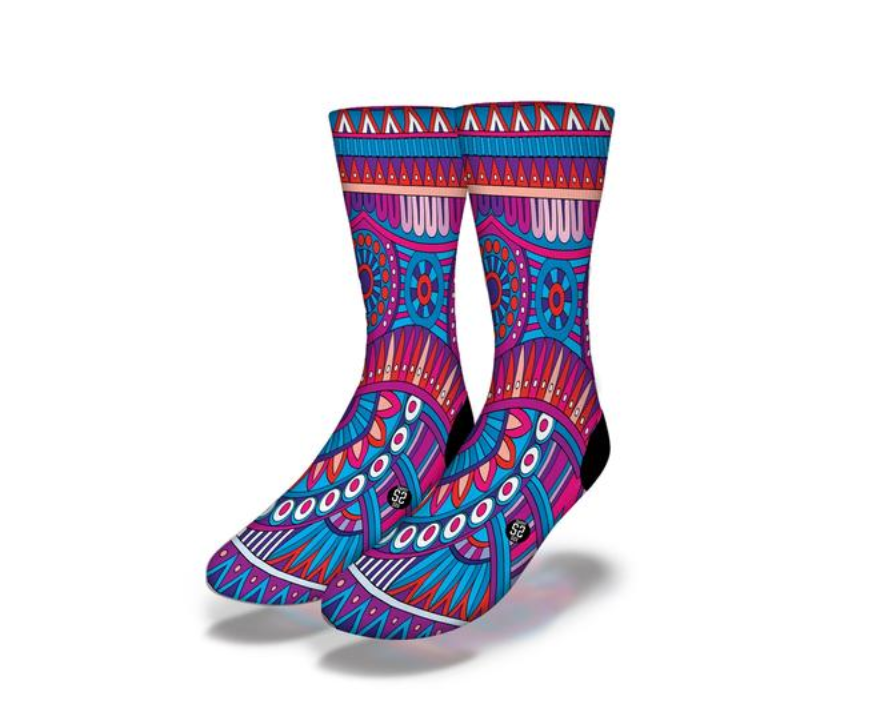 A pair of colorful tribal design socks featuring geometric patterns and vibrant colors, showcasing cultural heritage and artistic expression.
