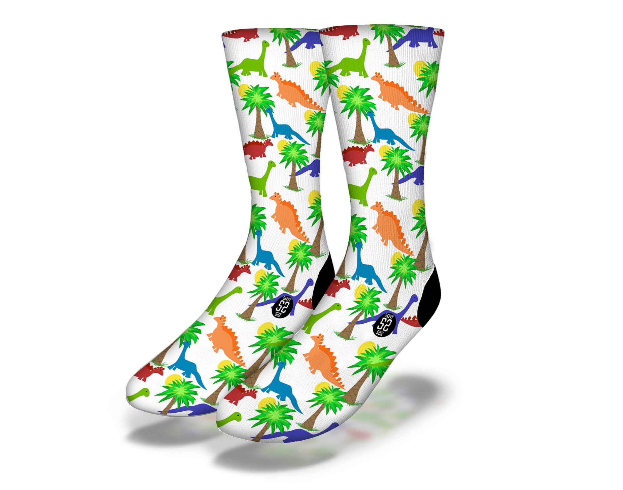 Colorful Tropical Dinosaur Jungle socks featuring playful cartoon dinosaurs in a vibrant jungle setting.