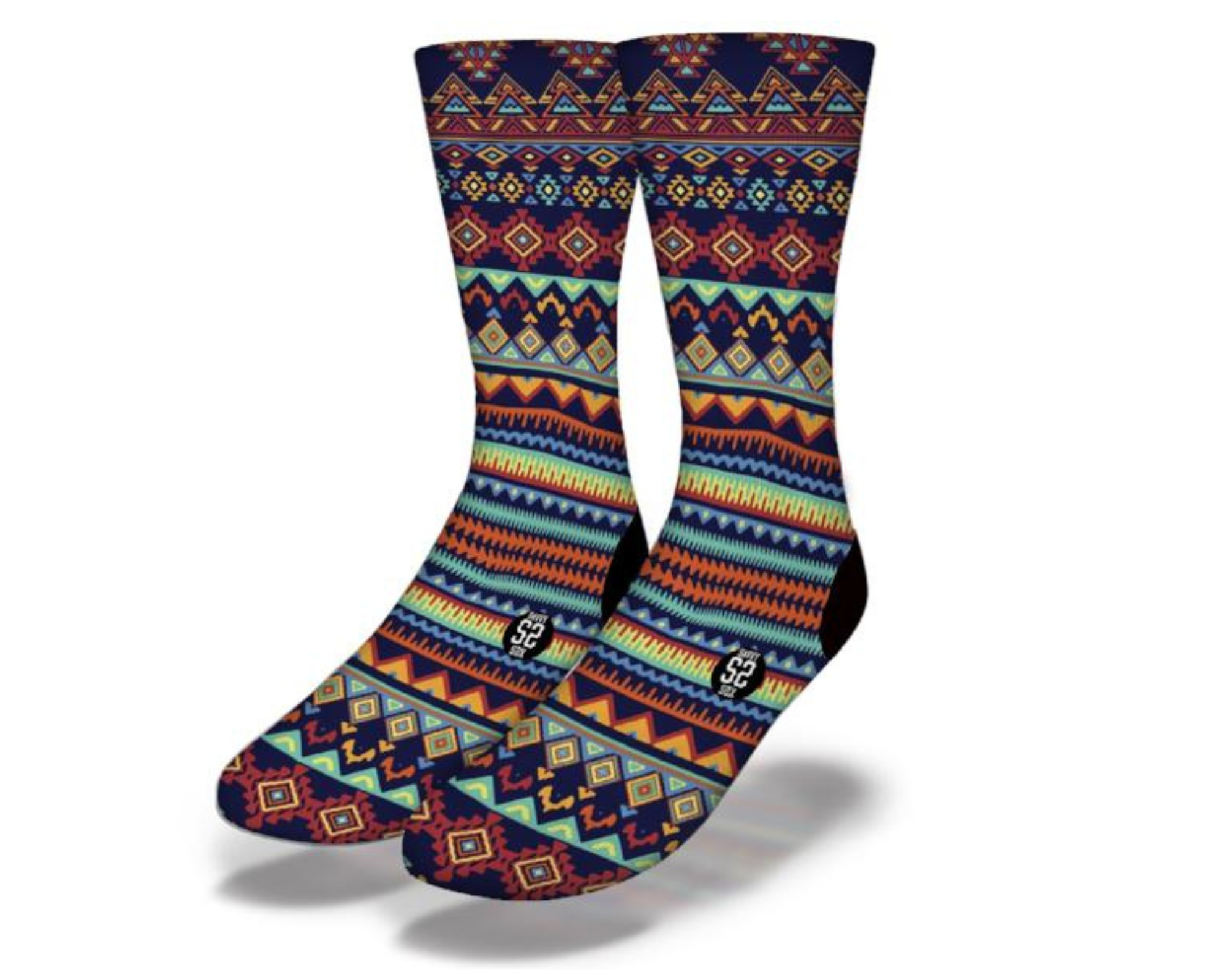 UGLY SWEATER BLACK MULTI African Tribal Pattern Socks featuring vibrant geometric designs in multiple colors, perfect for cultural celebrations.