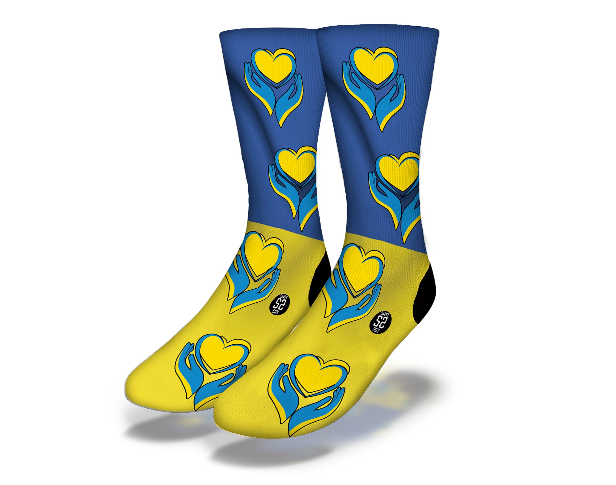 Colorful socks representing Ukraine's flag with blue and yellow colors, symbolizing support and peace.
