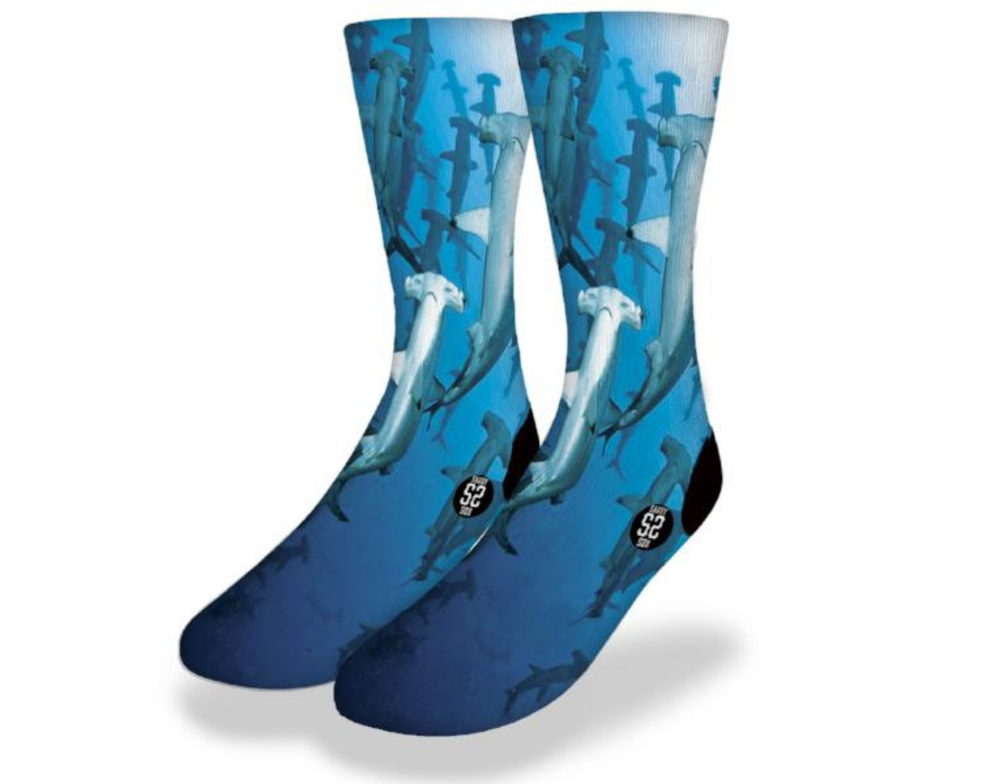 Colorful Underwater Hammerhead Migration Shark Socks featuring vibrant marine life design, perfect for ocean enthusiasts.