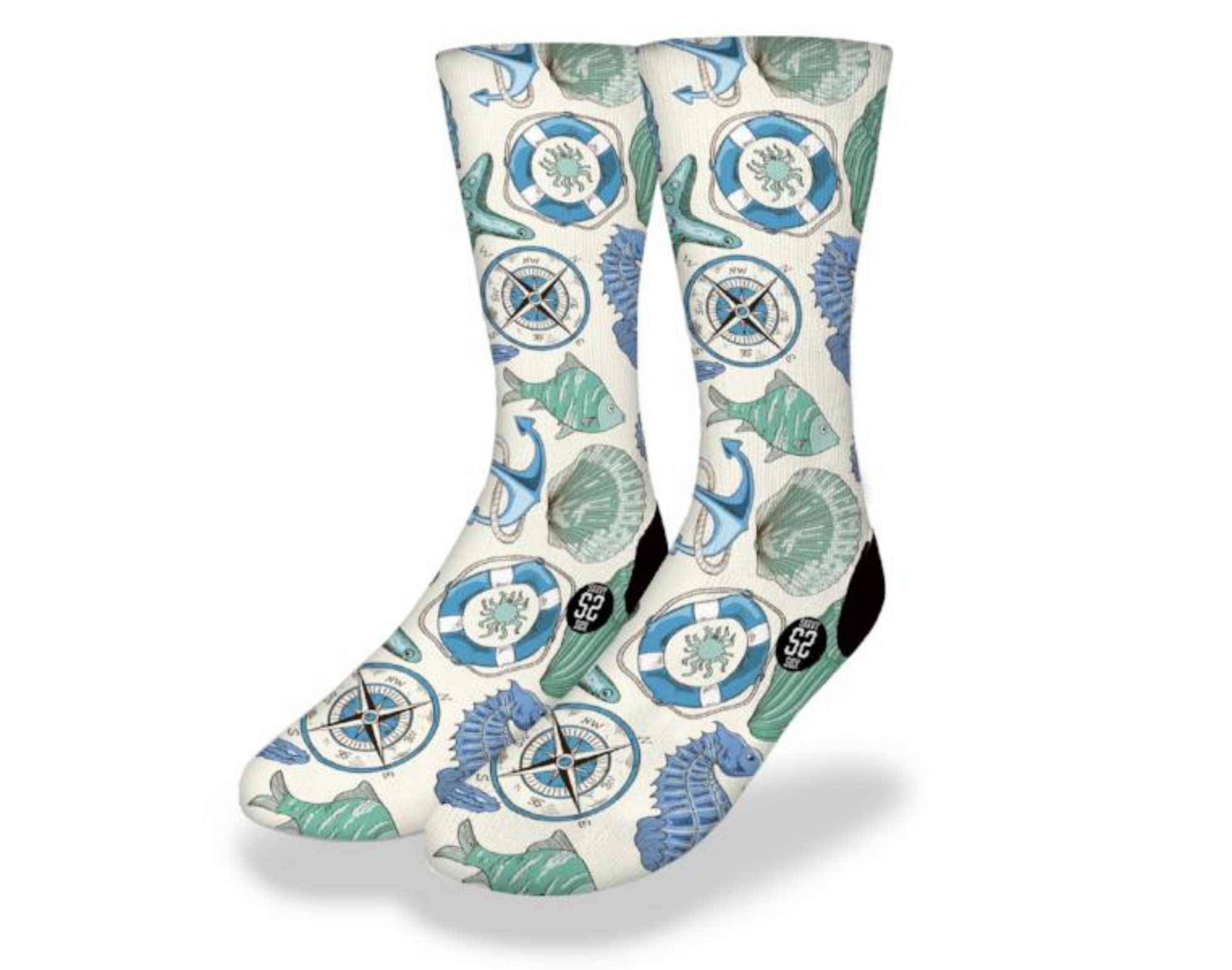 Vintage Sea Captain Fun Sailing Socks in antique green with nautical designs including a compass, seahorse, and fish.