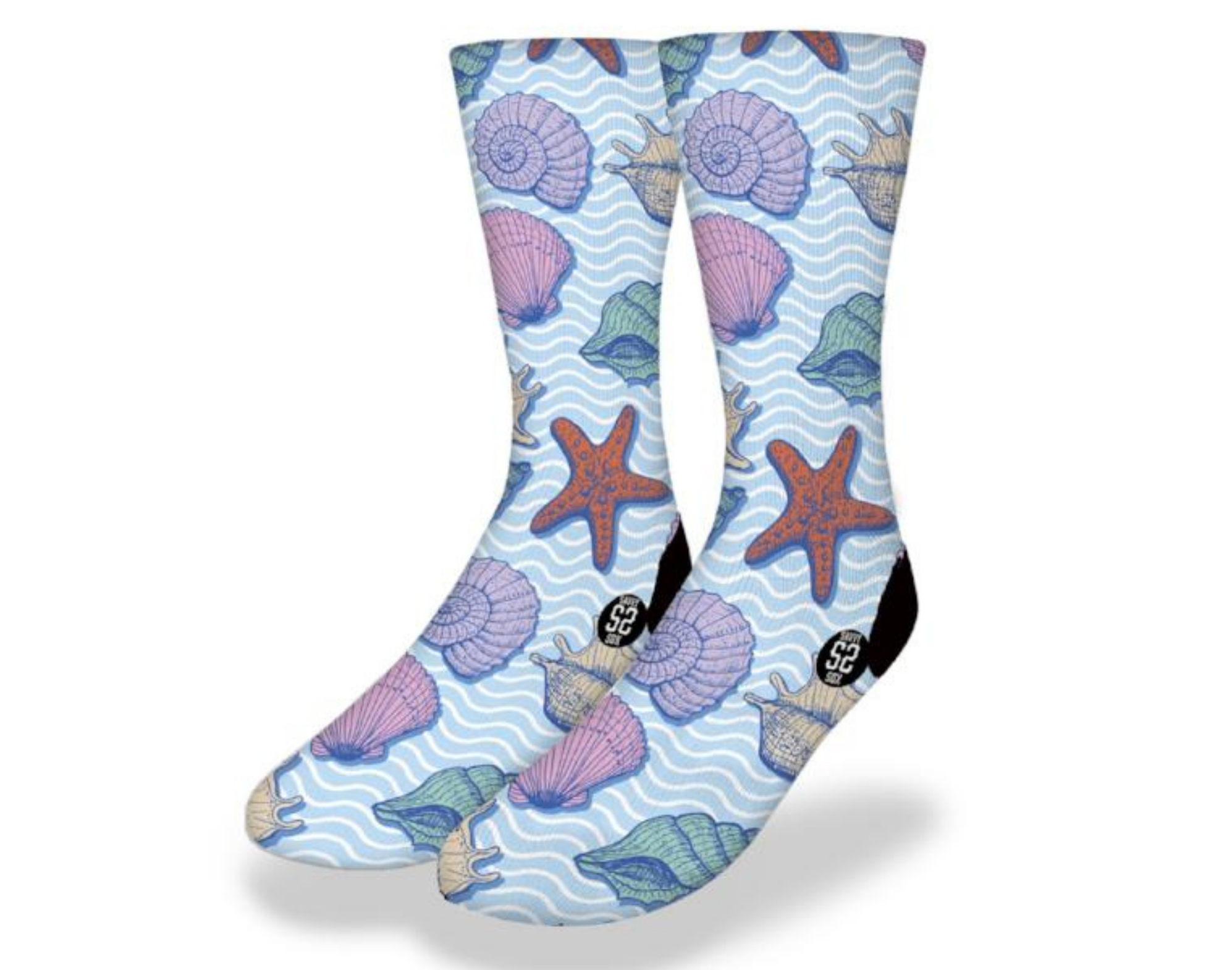 A pair of Vintage Seashells, Scallops & Starfish socks featuring colorful ocean-themed designs, perfect for beach lovers.