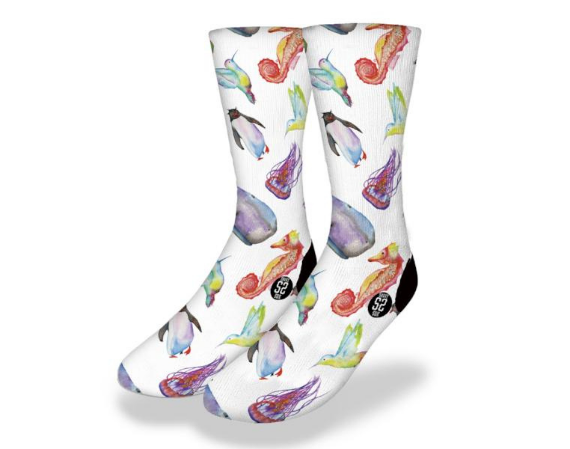 Colorful WATERCOLOR WILDLIFE Fun Sea Life Socks featuring jellyfish, penguins, seahorses, and blue whales in vibrant colors.