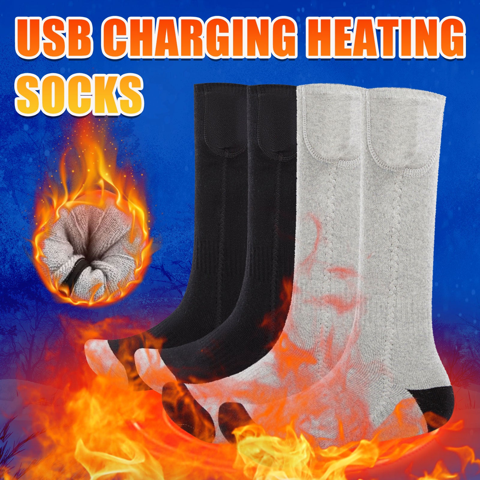 A pair of black and grey USB heating socks designed for winter warmth, featuring carbon fiber heating technology.