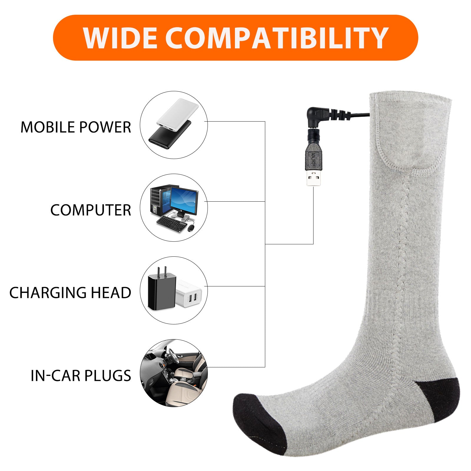 A pair of black and grey USB heating socks designed for winter warmth, featuring carbon fiber heating technology.