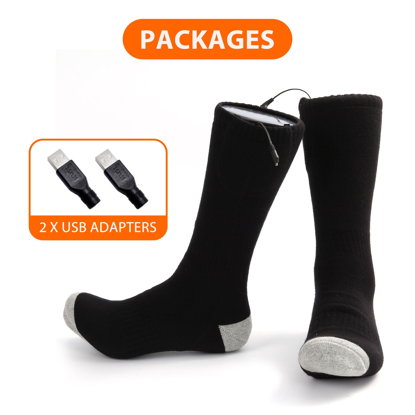 A pair of black and grey USB heating socks designed for winter warmth, featuring carbon fiber heating technology.