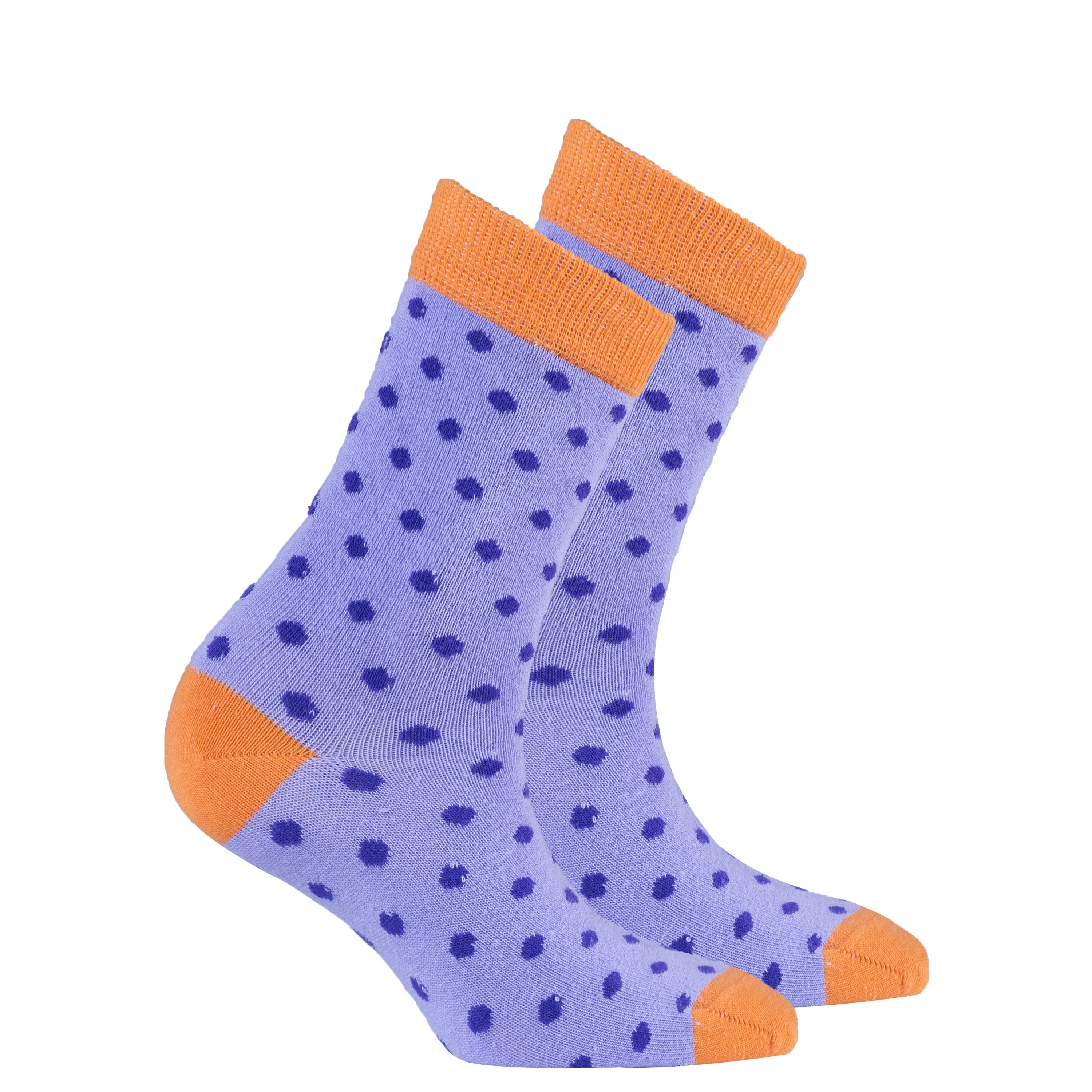 A pair of Women's Amethyst Dot Socks featuring a vibrant dot pattern, made from soft Turkish cotton for comfort and style.