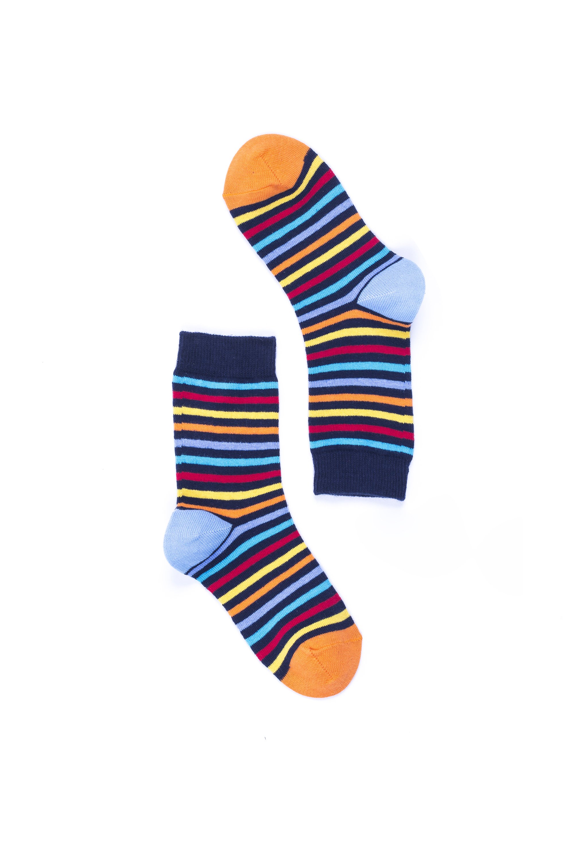 A pair of Women's Black Rainbow Stripe Socks featuring vibrant rainbow stripes on a black background, showcasing comfort and style.