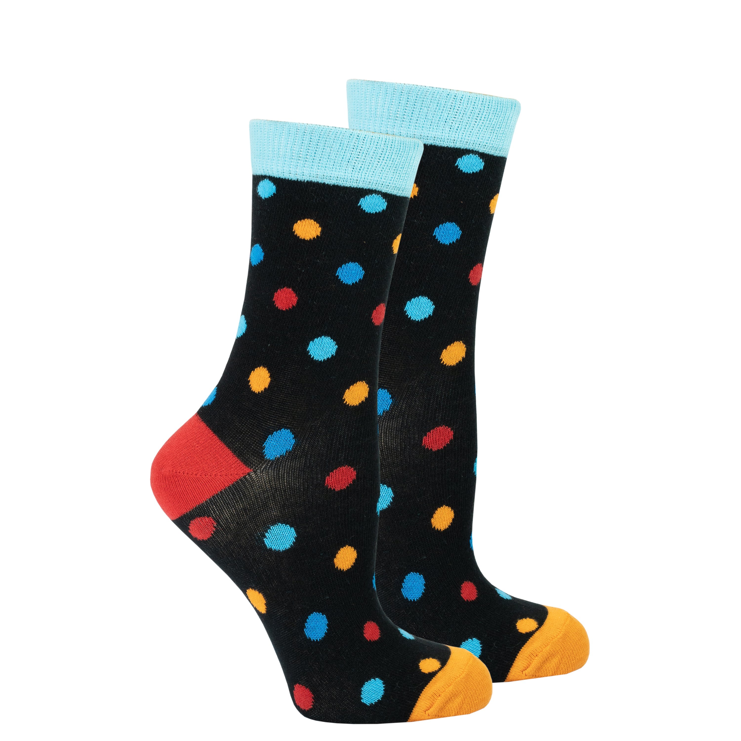 A pair of Women's Black Sky Dot Socks featuring a vibrant black and colorful dot pattern, made from soft Turkish cotton for comfort.