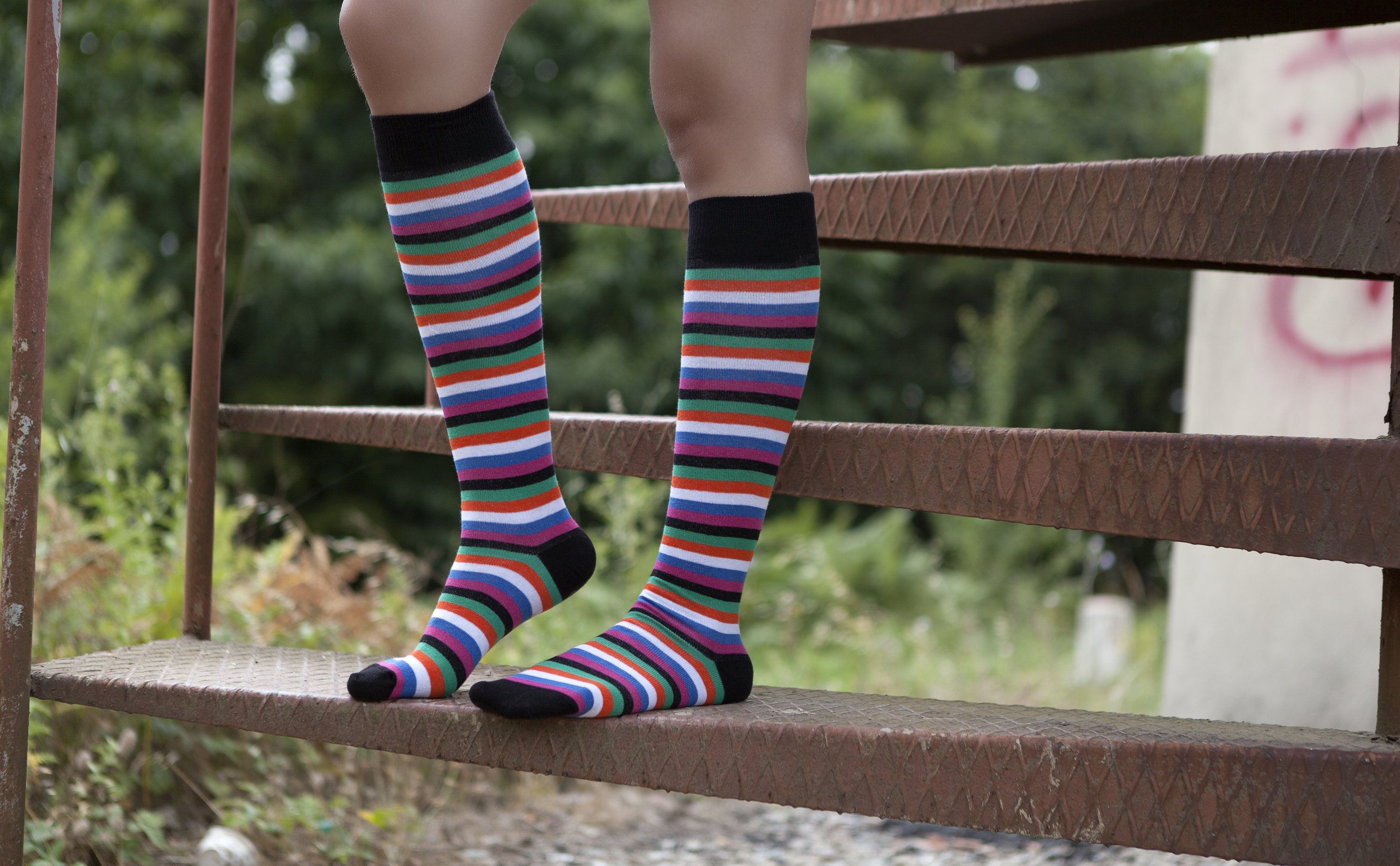 A pair of stylish Women's Blackish Stripe Knee High Socks featuring a trendy stripe pattern, made from soft Turkish cotton for comfort.