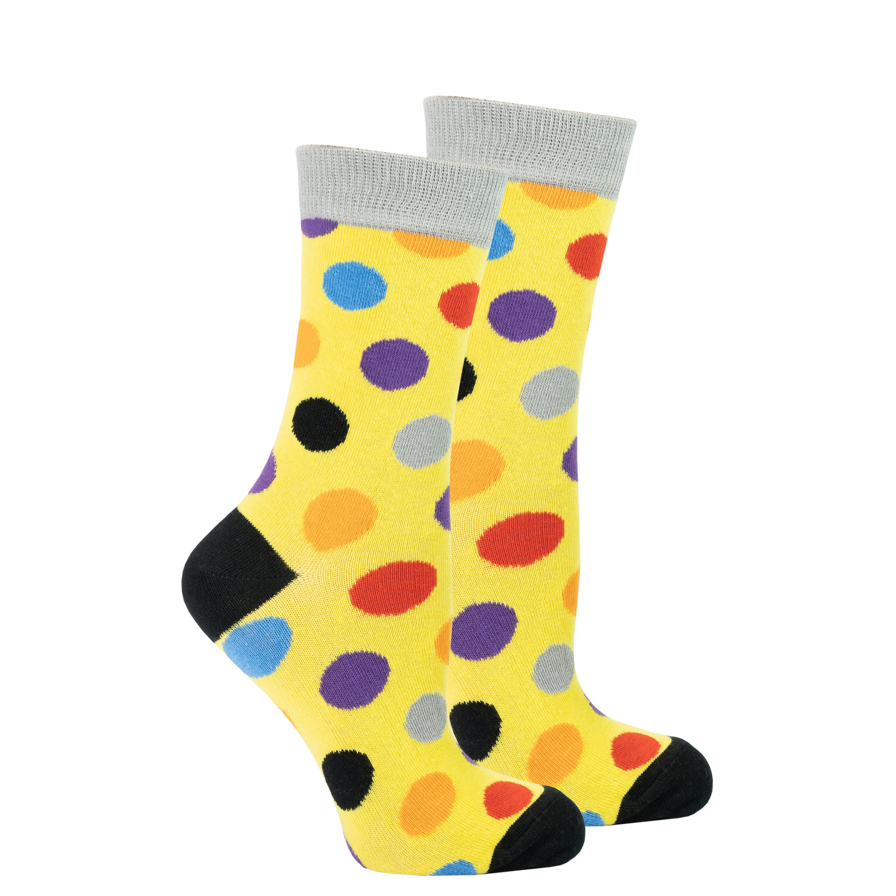 A pair of stylish Women's Blonde Dot Socks featuring a colorful dot pattern, made from premium cotton for comfort and durability.