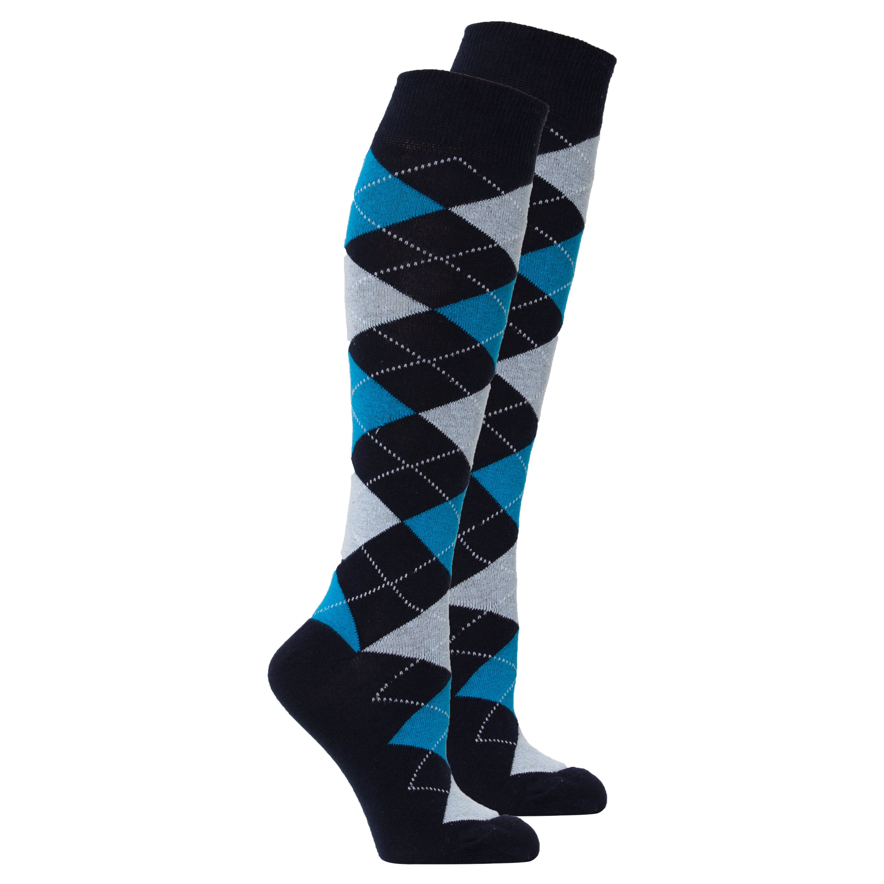 A pair of Women's Blue Paradise Argyle Knee High Socks featuring a vibrant blue and colorful argyle pattern, perfect for adding style to any outfit.