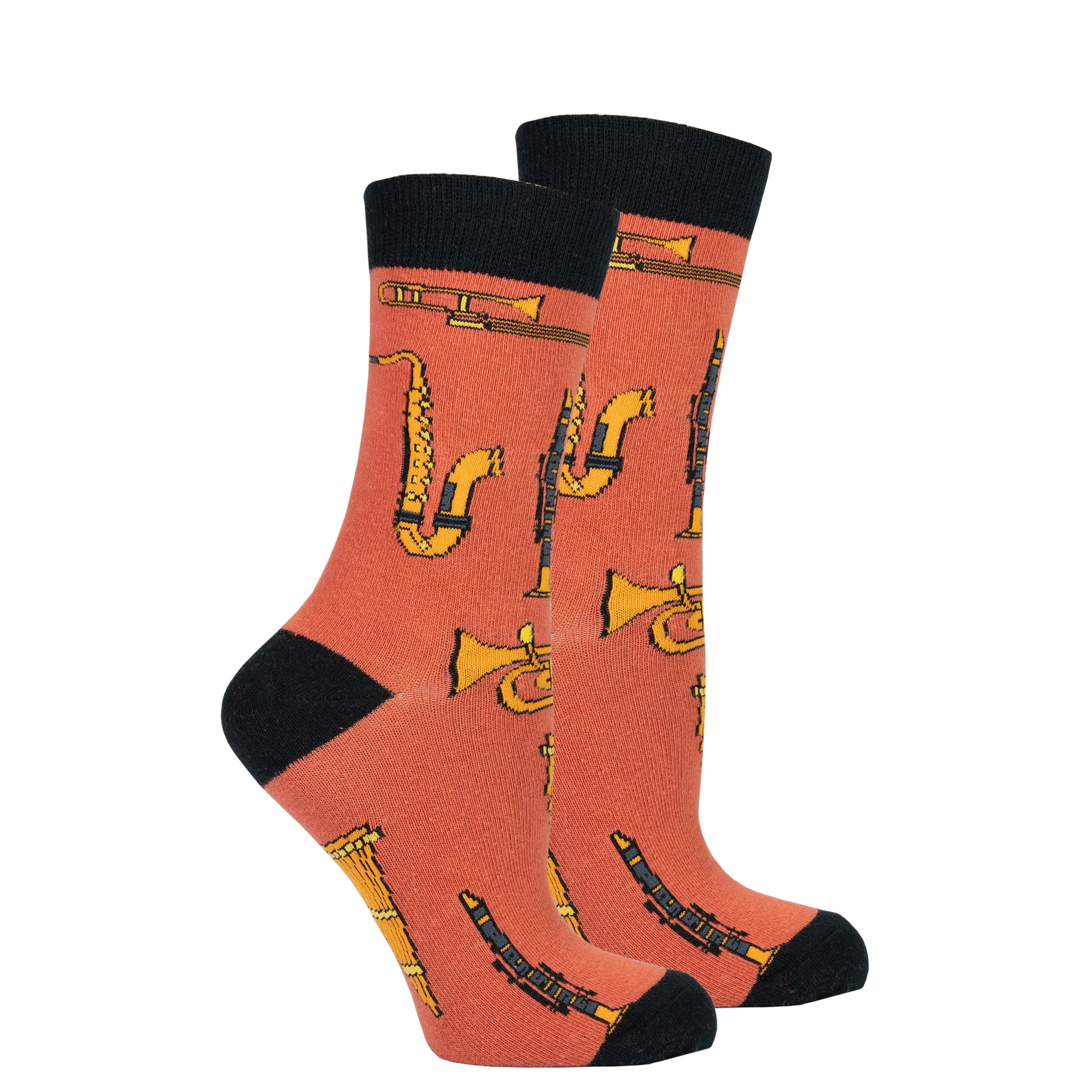A pair of colorful Women's Brass Socks featuring trendy patterns, made from soft Turkish cotton for comfort and style.