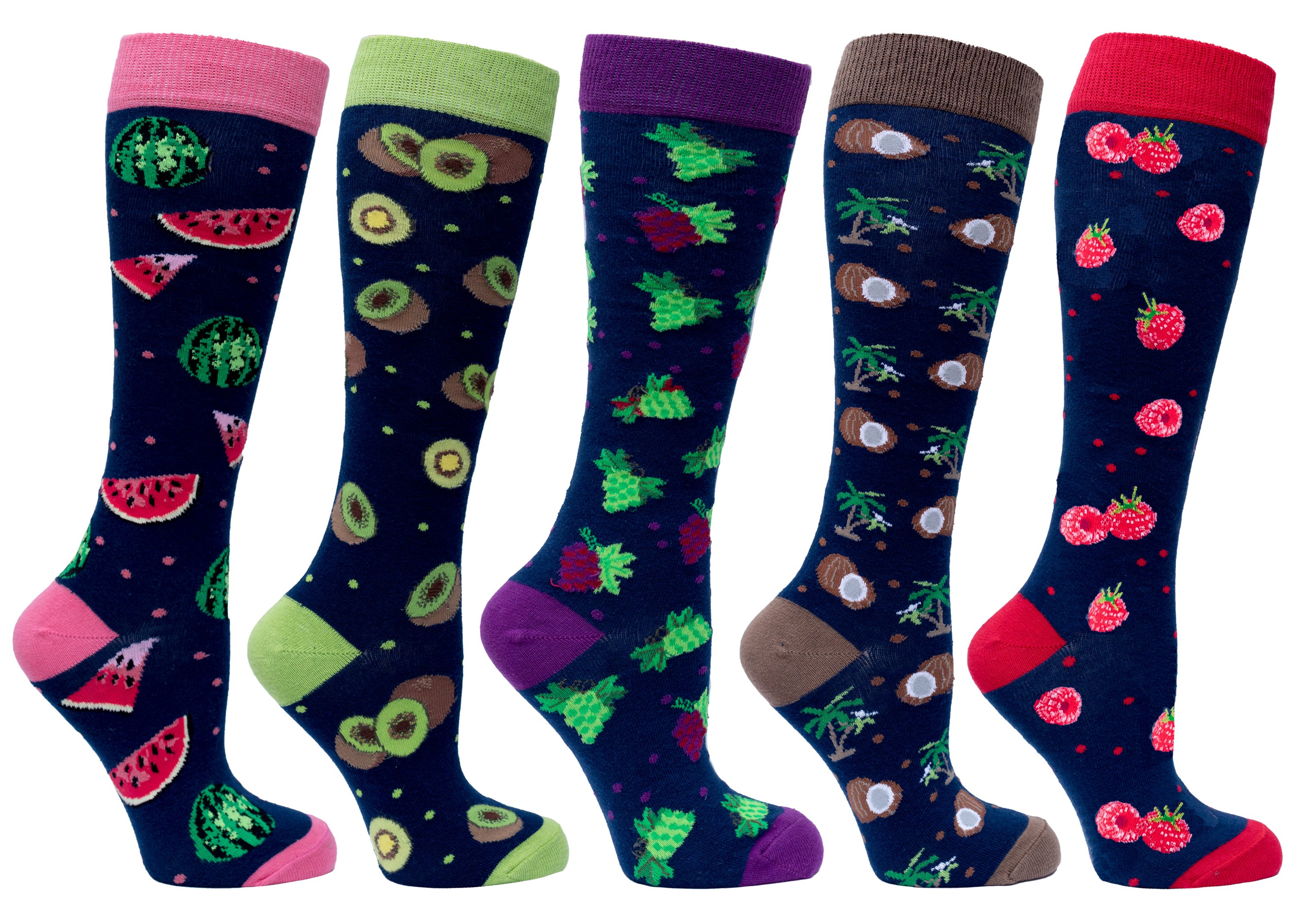 A vibrant set of Women's Delightful Fruits Knee High Socks featuring colorful fruit patterns, perfect for adding style and comfort to any outfit.