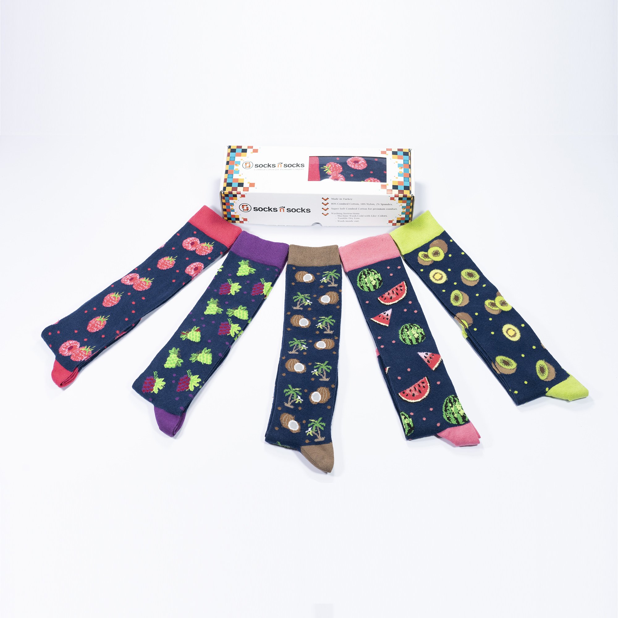 A vibrant set of Women's Delightful Fruits Knee High Socks featuring colorful fruit patterns, perfect for adding style and comfort to any outfit.