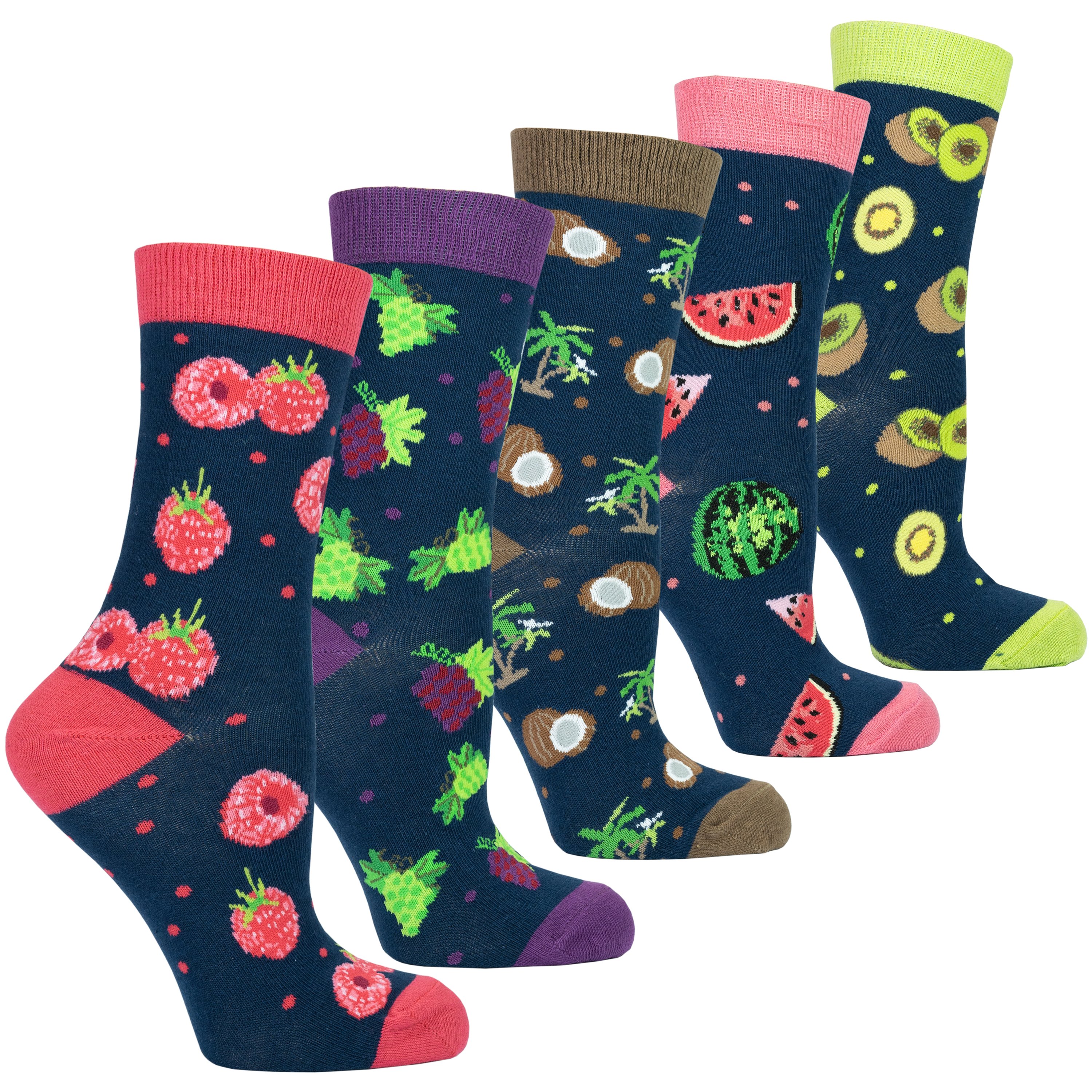 A colorful set of women's socks featuring delightful fruit patterns, made from soft Turkish cotton for comfort and style.