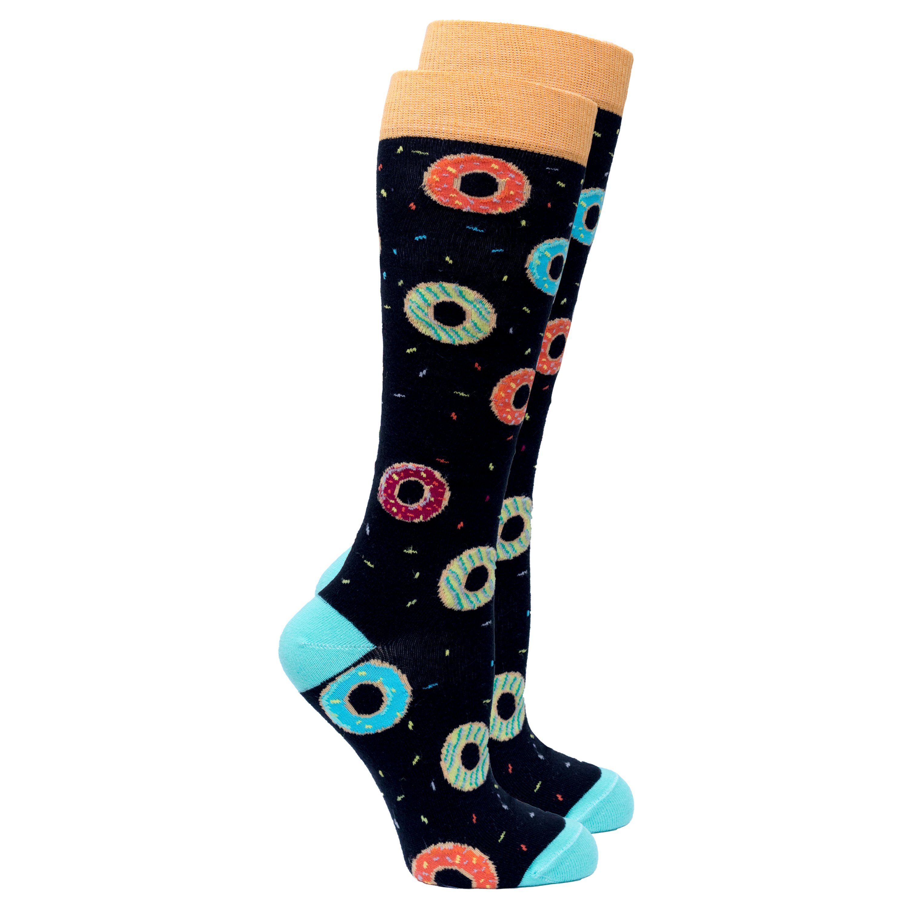 Colorful Women's Donuts Knee High Socks featuring a fun donut pattern, perfect for adding a playful touch to any outfit.