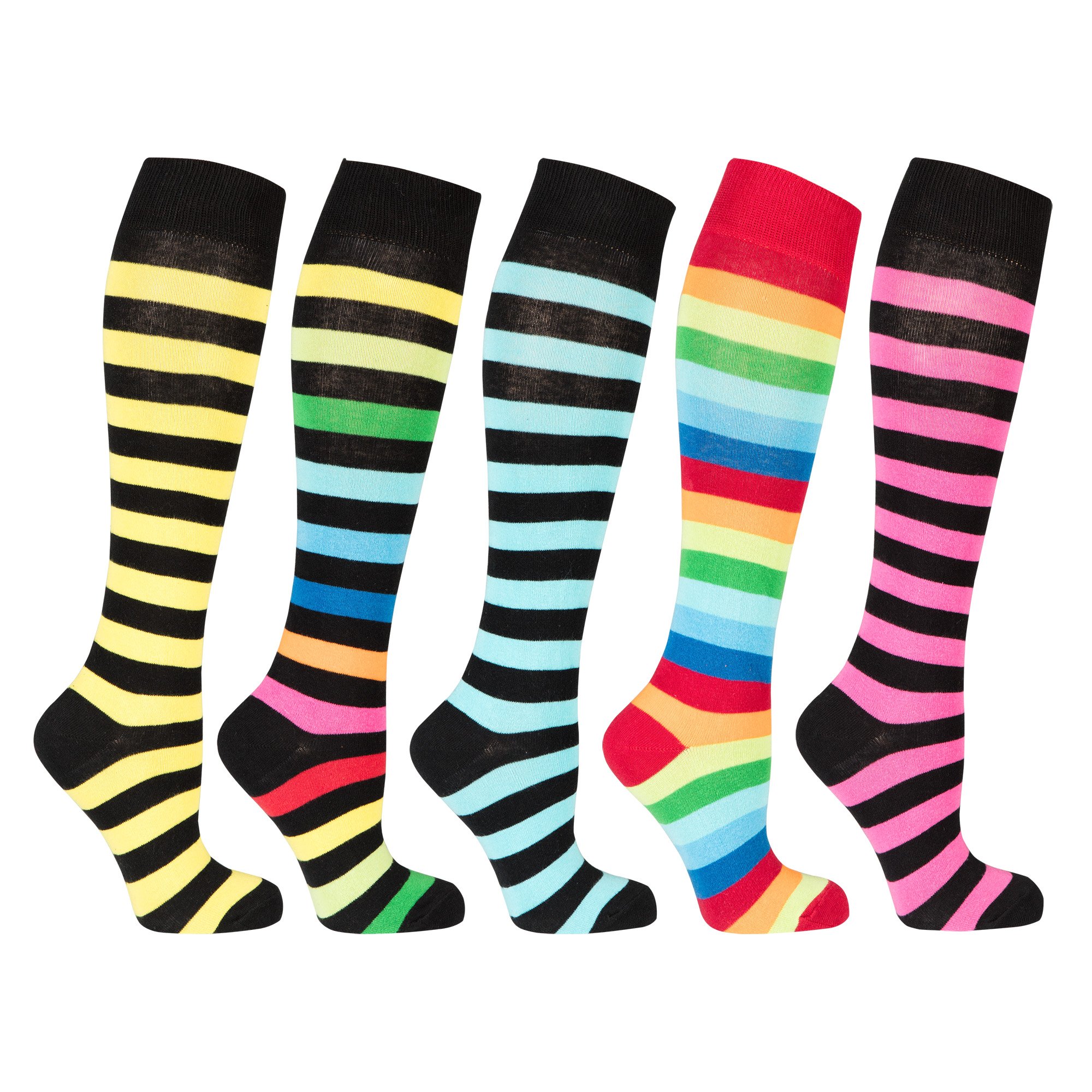 A vibrant set of women's knee-high socks featuring colorful stripes, made from soft Turkish cotton for comfort and style.