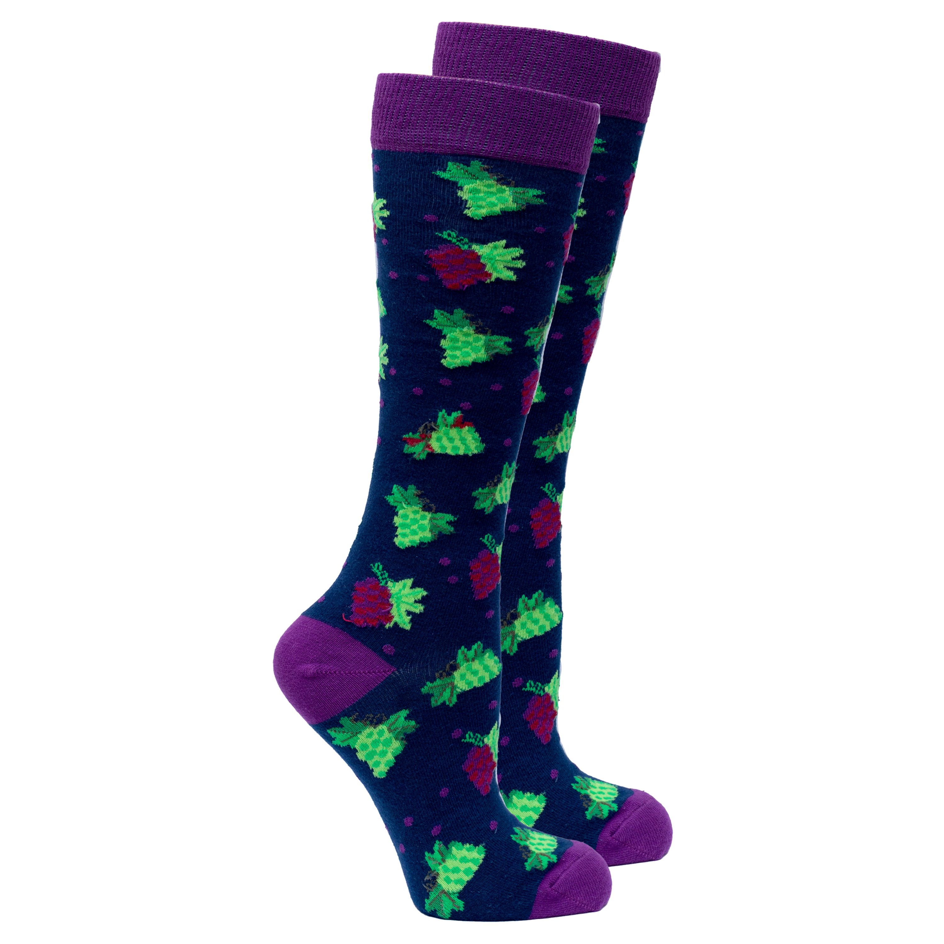 A pair of stylish Women's Grape Knee High Socks featuring a vibrant grape color and trendy patterns, perfect for adding flair to any outfit.