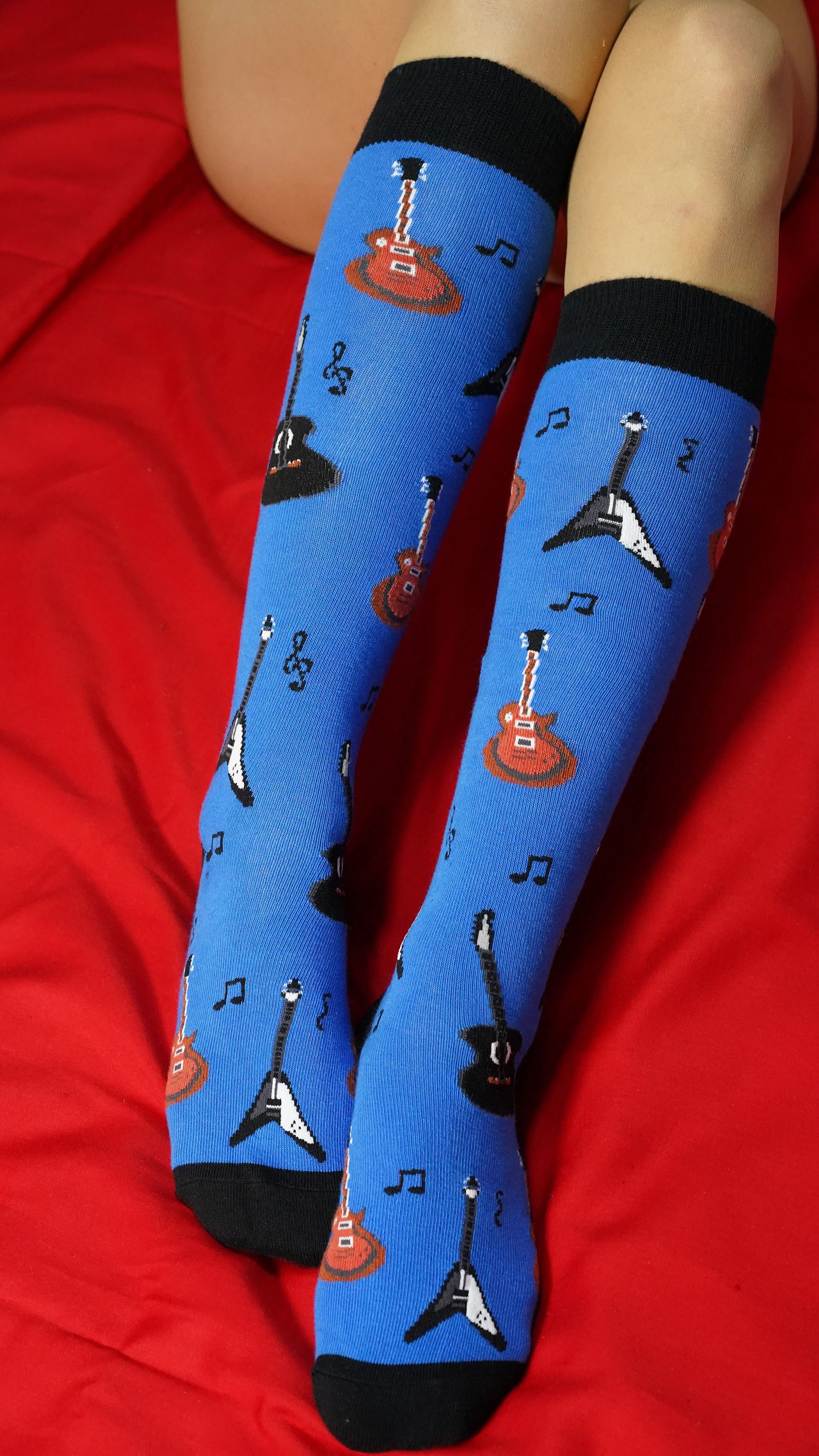 Colorful Women's Guitars Knee High Socks featuring trendy designs, perfect for adding style and comfort to any outfit.