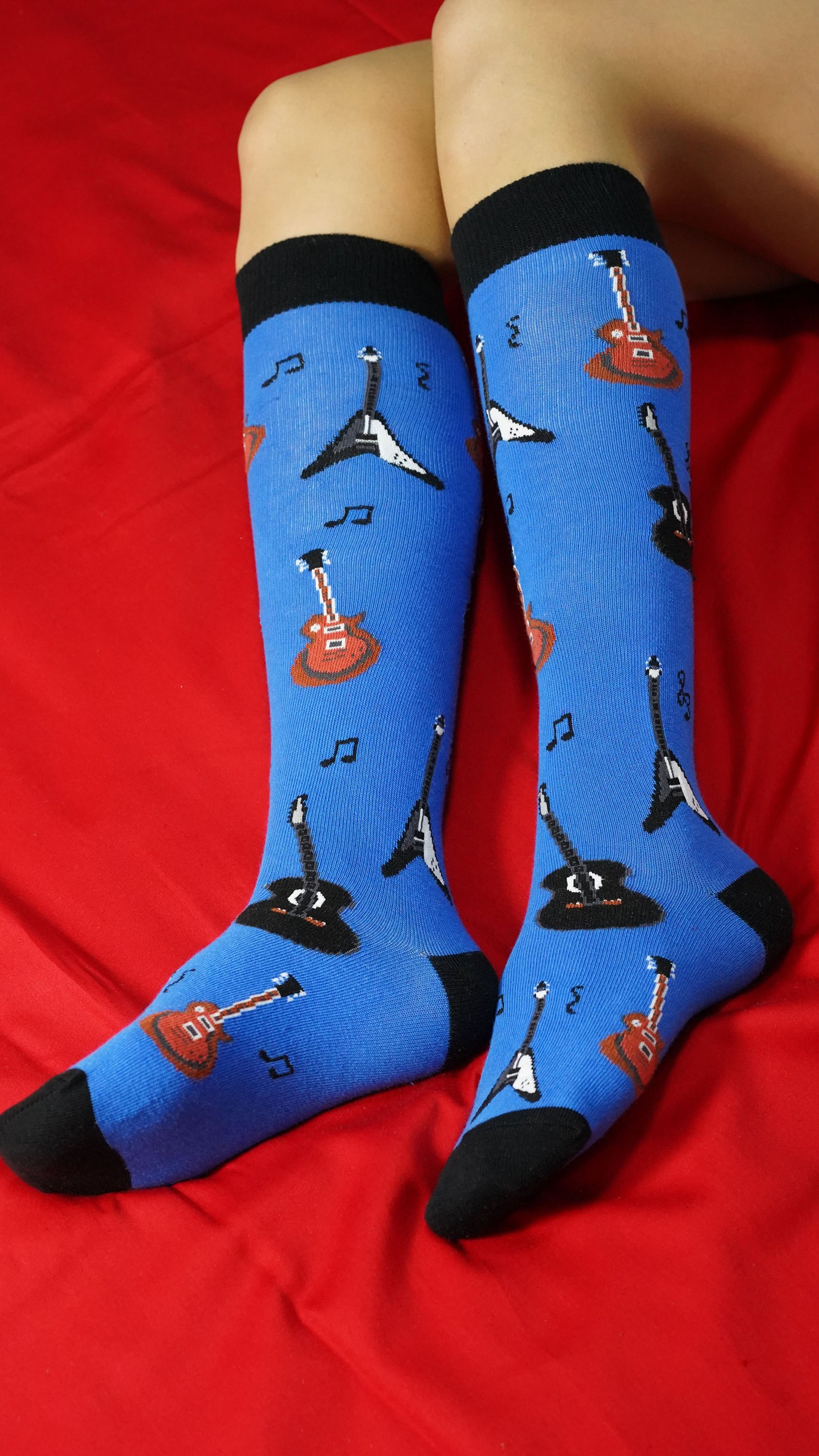 Colorful Women's Guitars Knee High Socks featuring trendy designs, perfect for adding style and comfort to any outfit.