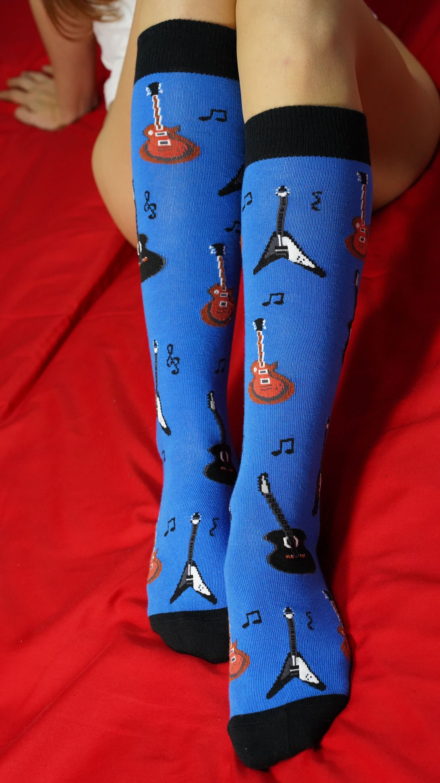Colorful Women's Guitars Knee High Socks featuring trendy designs, perfect for adding style and comfort to any outfit.
