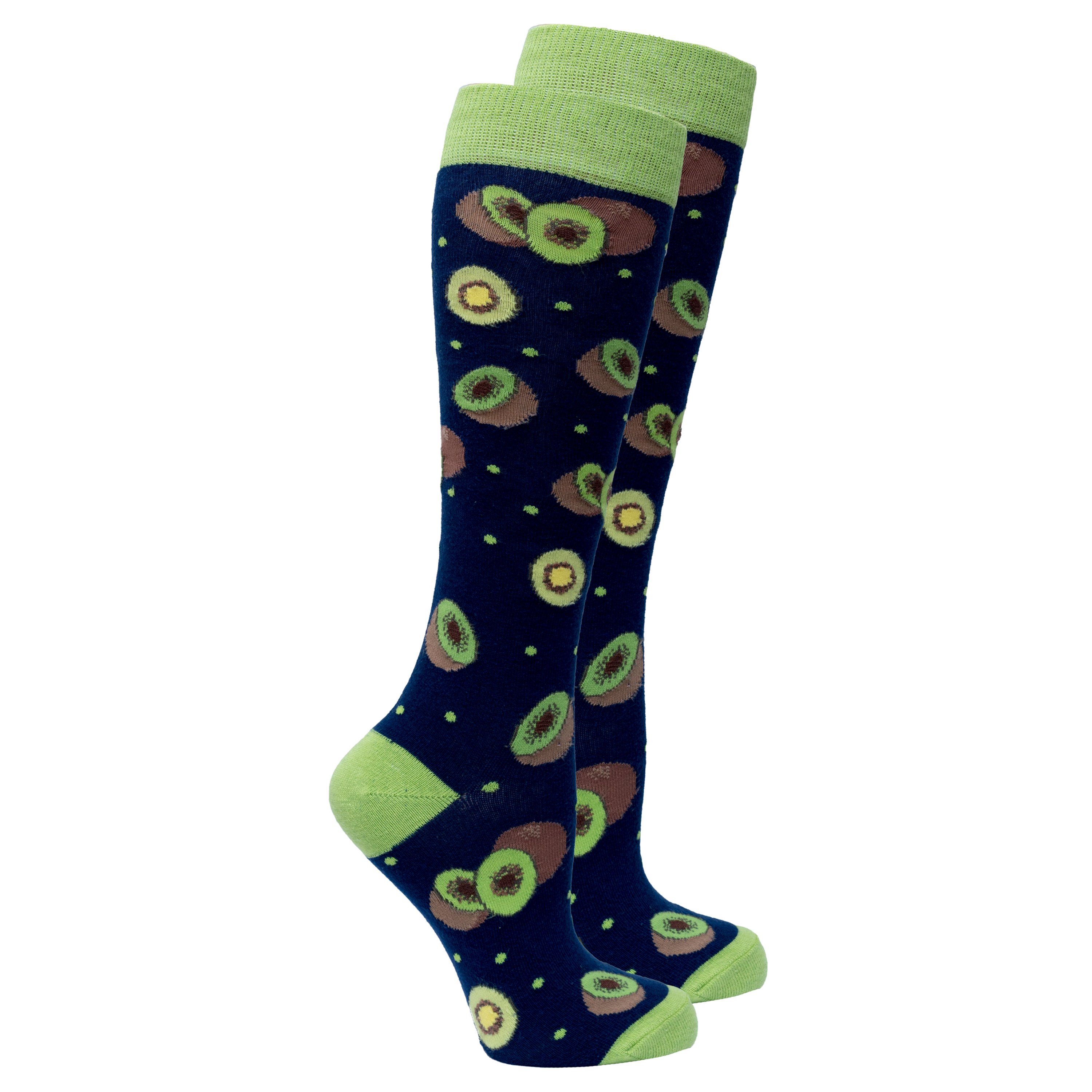 A pair of vibrant Women's Kiwi Knee High Socks featuring colorful patterns, designed for comfort and style.