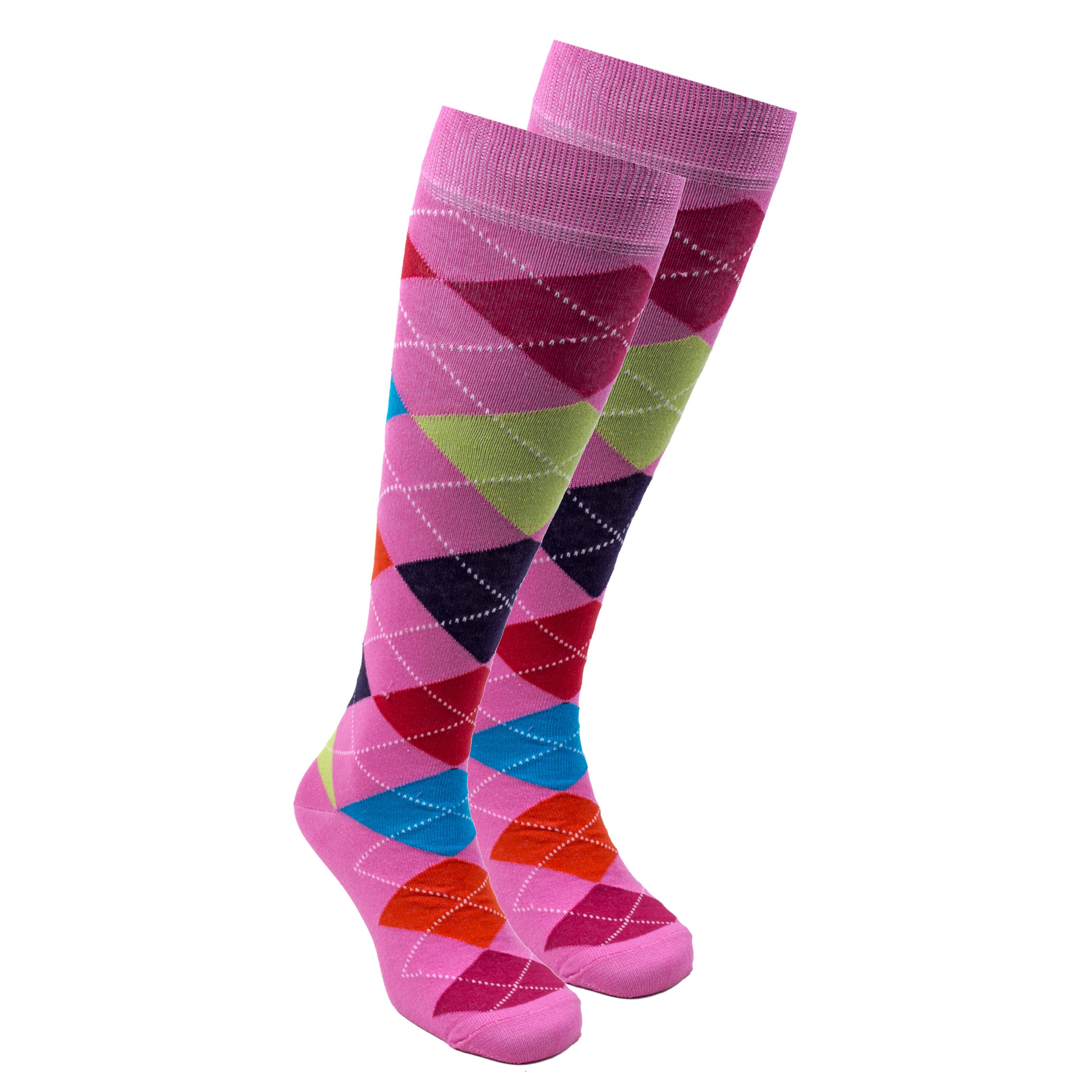 A pair of Women's Mixed Pink Argyle Knee High Socks featuring a vibrant pink and white argyle pattern, perfect for adding a stylish touch to any outfit.